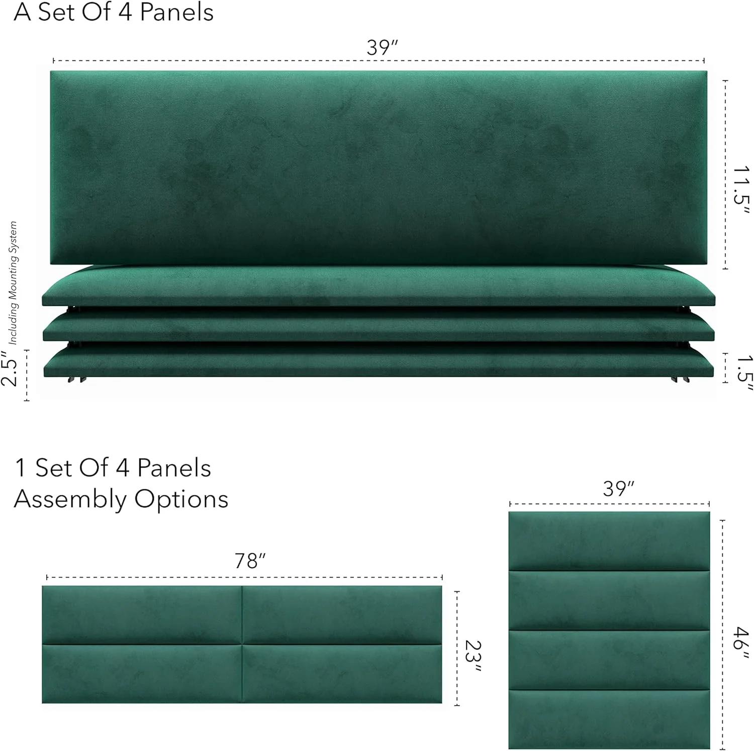 Upholstered Headboards - Accent Wall Panels - Velvet Emerald Green - /King - Set Of 4 Panels (Each Individual Panel 39