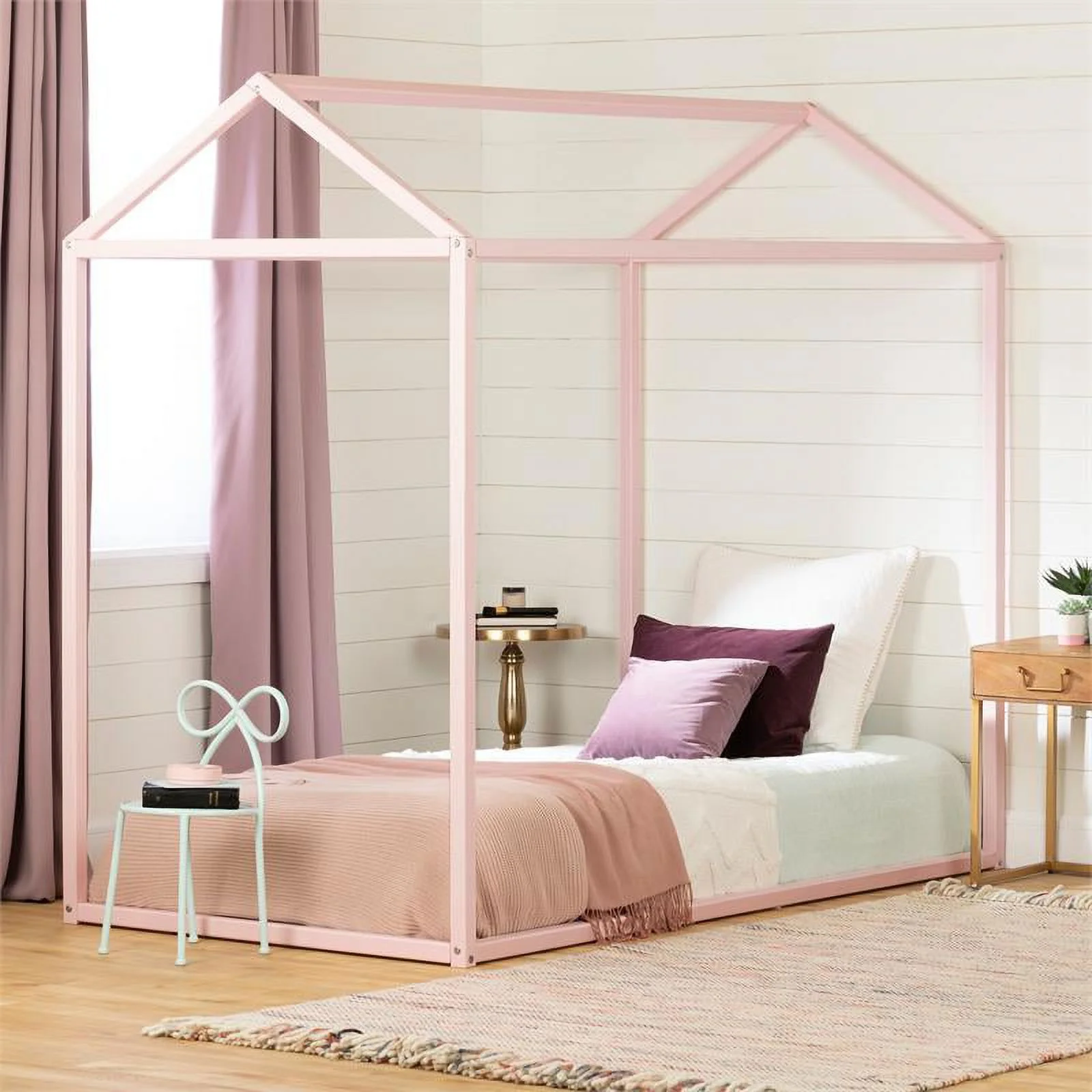 Home Square 2-Piece Set with Pink House Bed and Kid Bookcase