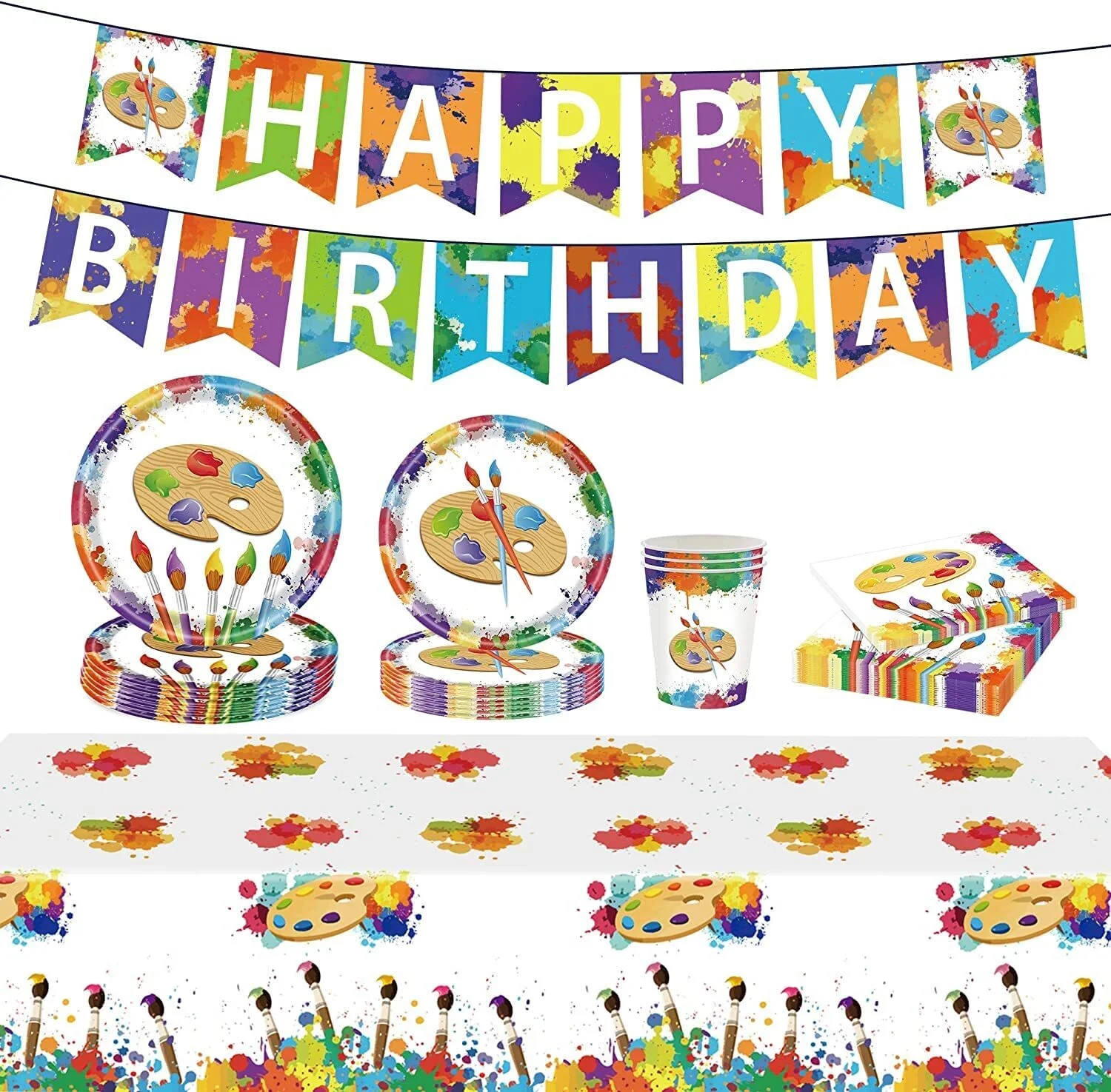 Art Painting Paper Plates Serves 20 Guests Baby Showers Birthday Party Supplies Set Disposable Party Tableware for Kids Dinner Plates, Napkins, Cup 92PCS(