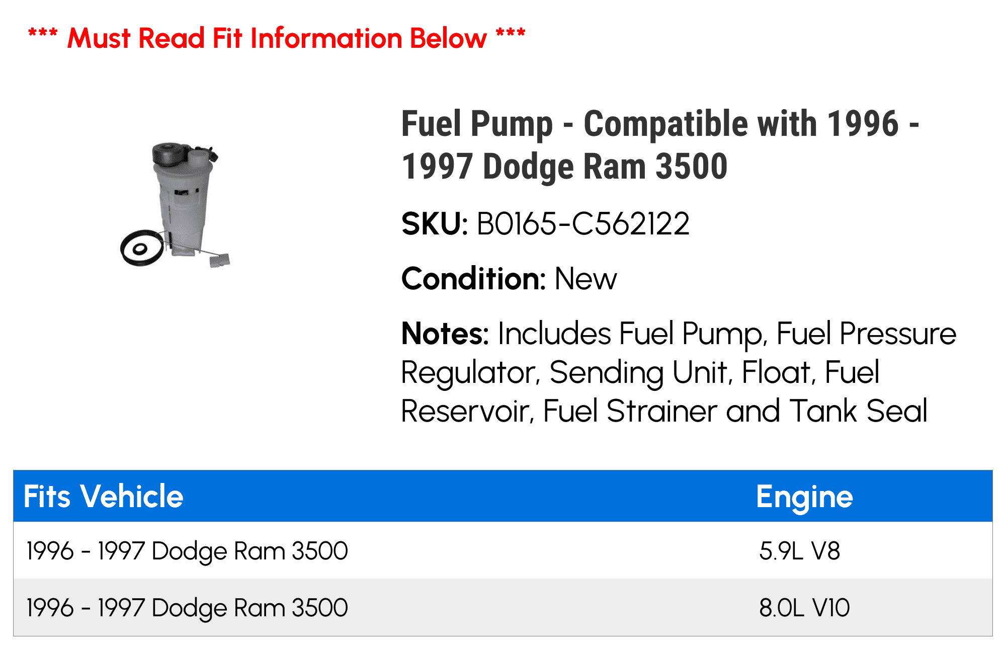 Fuel Pump - Compatible with 1996 - 1997 Dodge Ram 3500