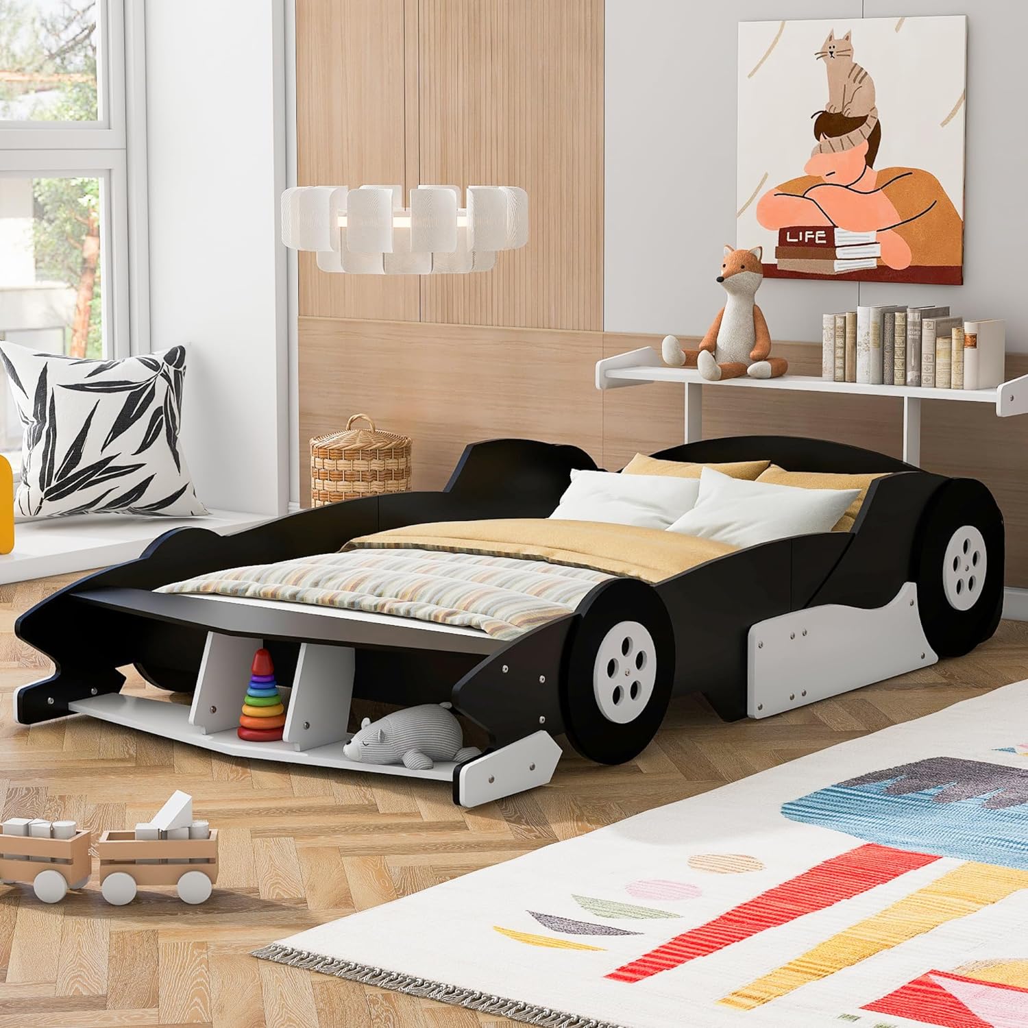 Full Size Race Car Bed With Wheels, Wood Full Size Bed For Kids, Car-Shaped Platform Full Bed With Storage Shelves For Kids,Tees, Boys Girls (Black)