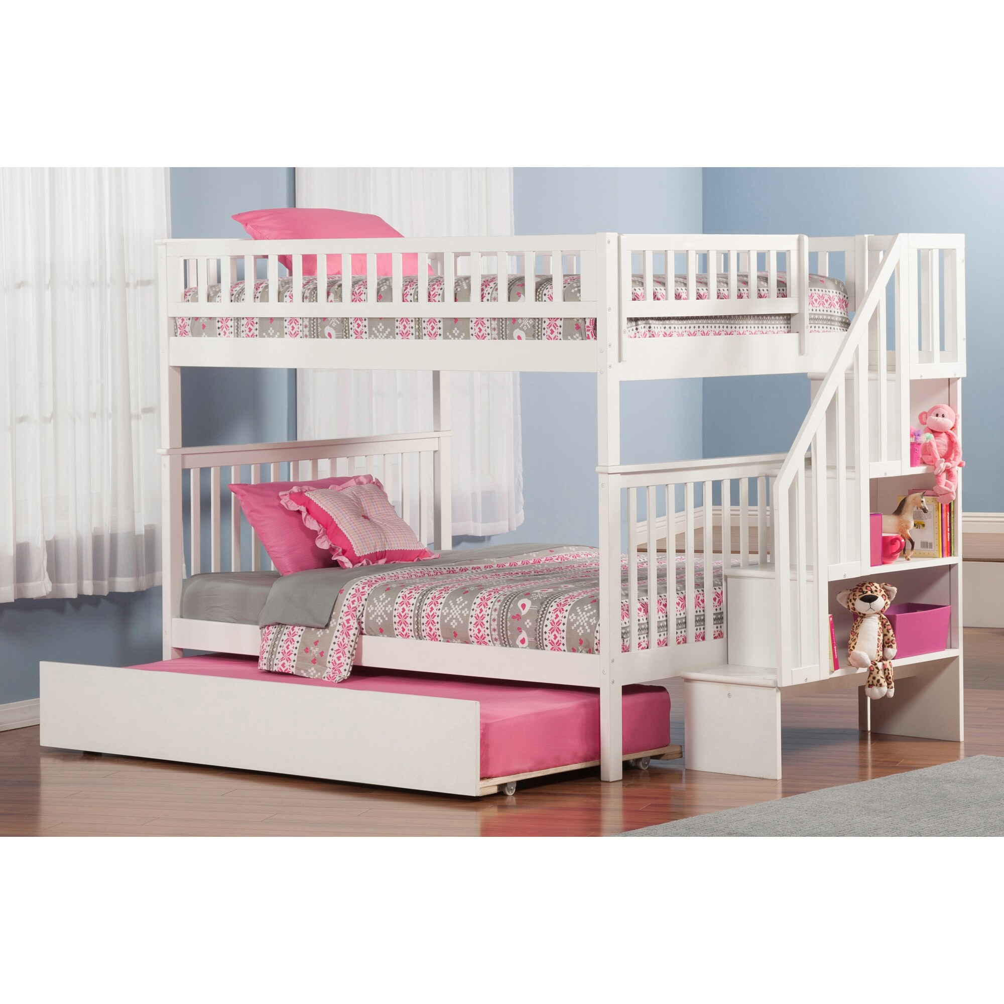 AFI Woodland Staircase Bunk Bed Full over Full with Twin Trundle in White