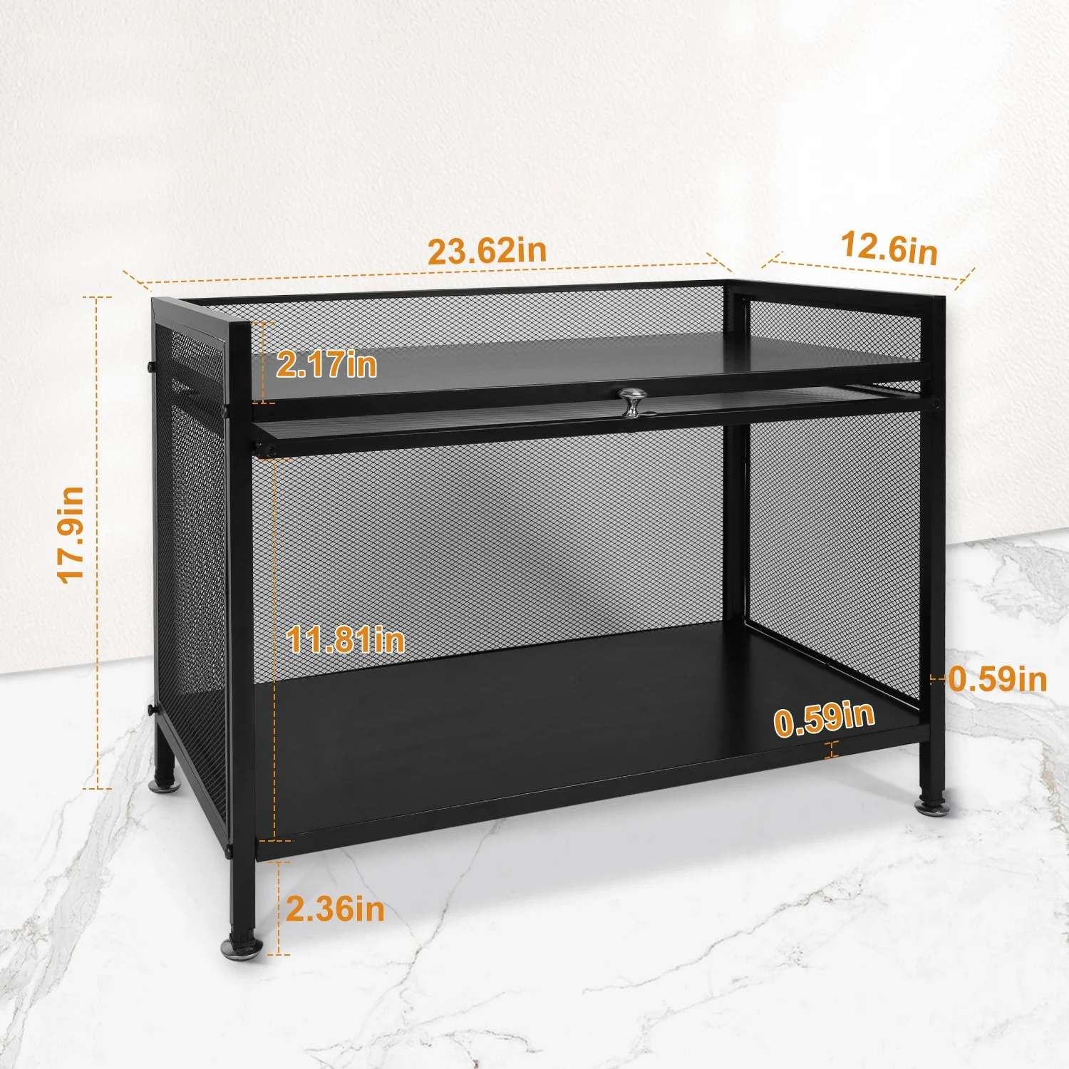 iMounTEK Kitchen Bakers Rack, 23.62x12.6x17.9in Microwave Stand Carbon Steel Kitchen Storage Cabinets with Microwave Compatibility Translucent Door Net Panel, Black