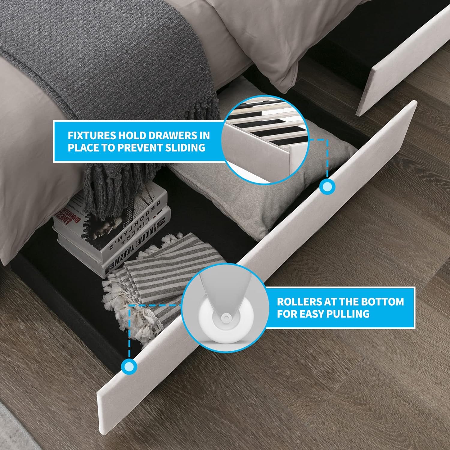 Puremind Queen Platform Bed Frames with 4 Storage Drawers, Velvet Upholstered Bed Frame Has Adjustable Button Tufted Headboard, No Box Spring Needed/Easy Assembly/No Mattress (Beige)