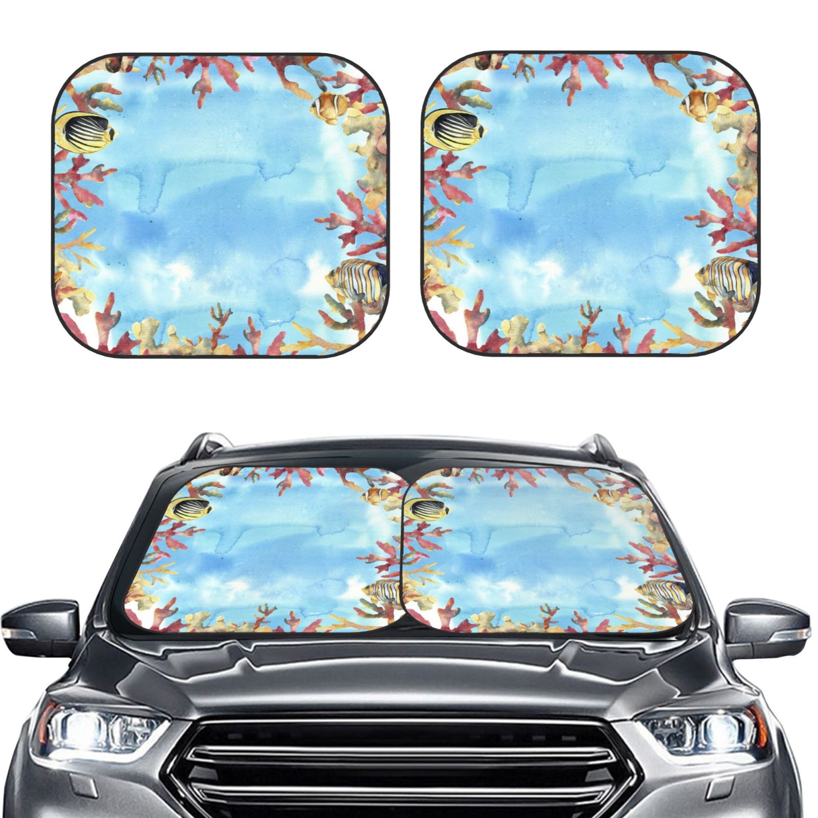 Lukts Sea And Fish Print 2 Piece Car Sun Shade Windshield,Foldable Car Shade Front Windshield With Keeps Your Vehicle Cool, For Most Sedans Suv And Trucks - Small