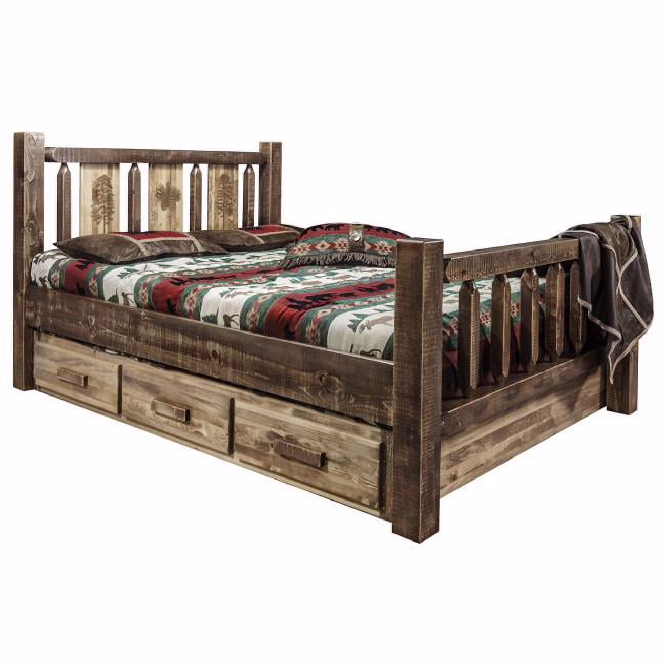 Homestead Storage Bed with Laser Engraved Pine Design, Stain & Clear Lacquer - Twin Size