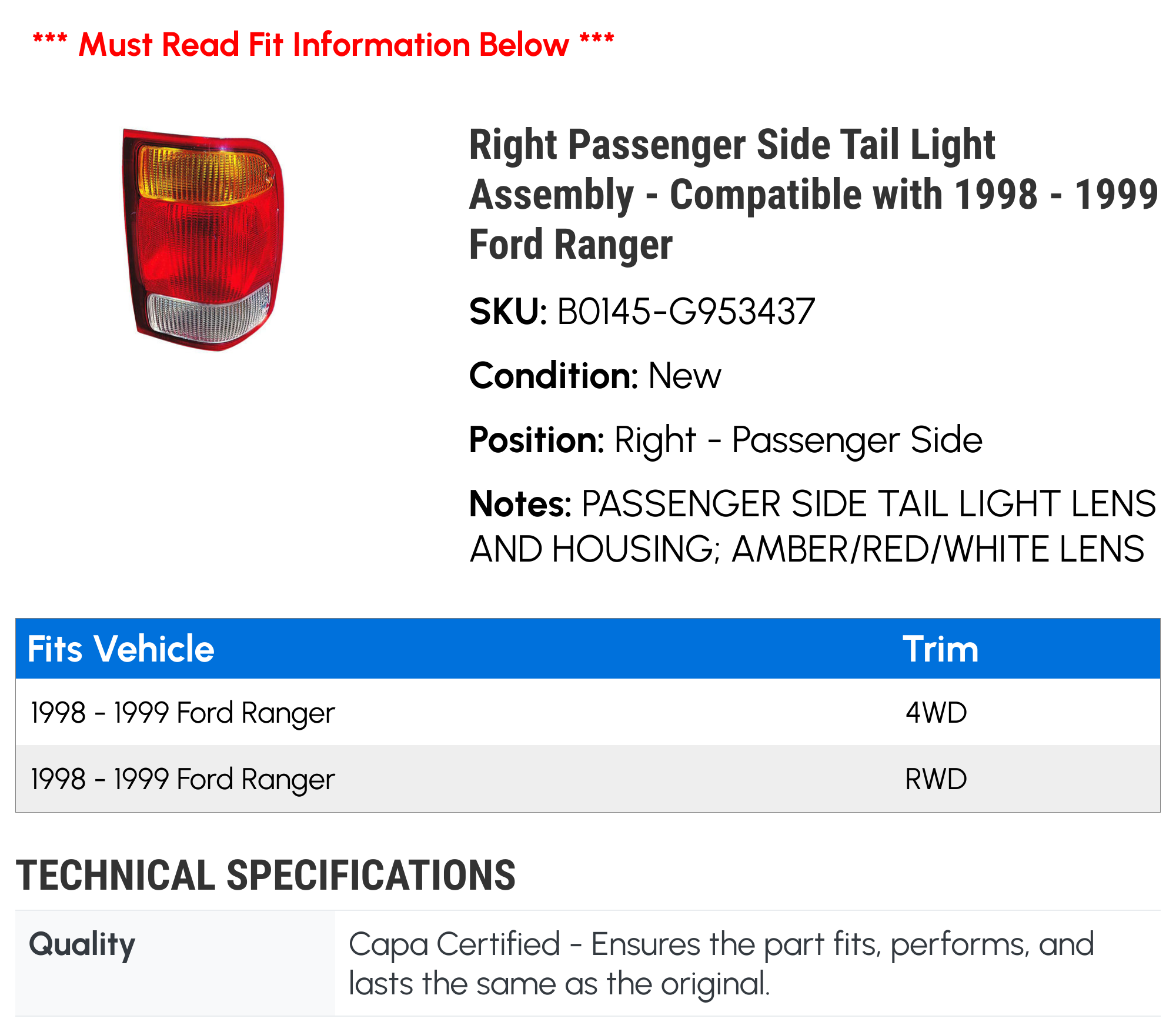 Right Passenger Side Tail Light Assembly - Compatible with 1998 - 1999 Ford Ranger