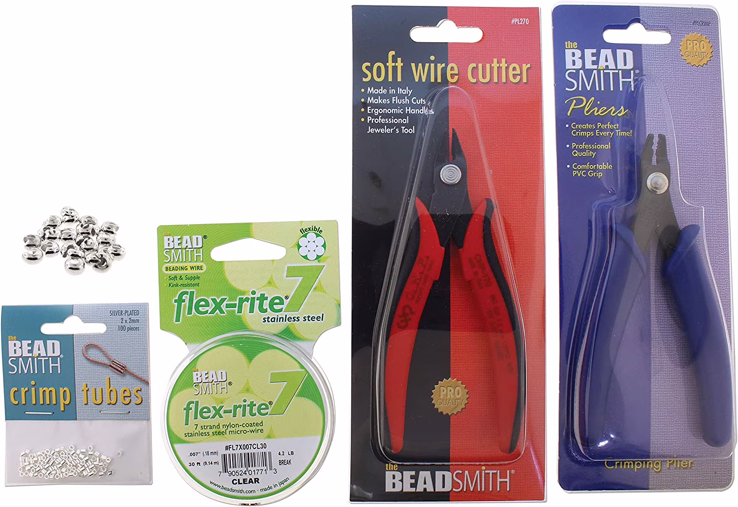 The Beadsmith Crimper Mega Kit, Includes Crimp Forming Pliers, Cutter, 2x2mm Crimp Tubes, 3mm Crimp Bead Covers & 7-Strand FlexRite Wire, Create Rounded Crimps Every Time, No Sharp Edges