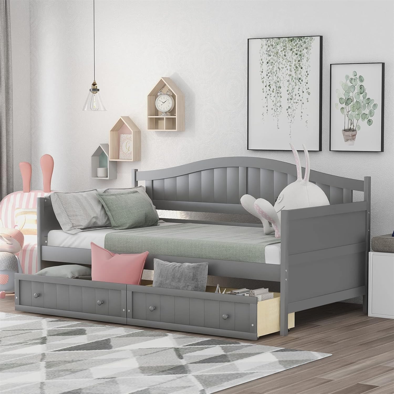Daybed With Storage Drawers Wood Day Bed Frame For Living Room Bedroom Dual-Use Sofa Beds For Kids Guests Sleepovers, Gray