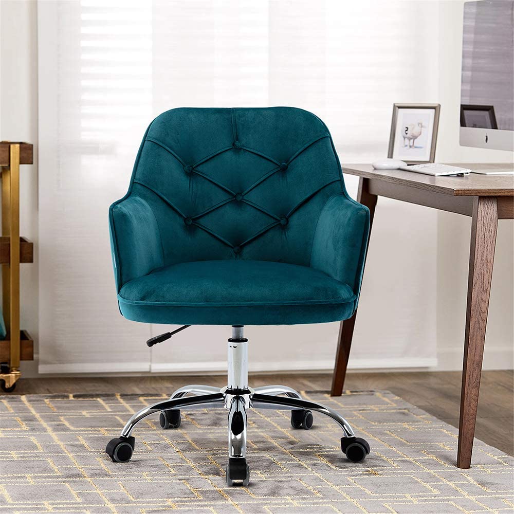 SYNGAR Vanity Stool Chair, Dark Teal Accent Chair Velvet with Swivel Wheels and Back for Home, Office Chair Adjustable Height, LJ2284