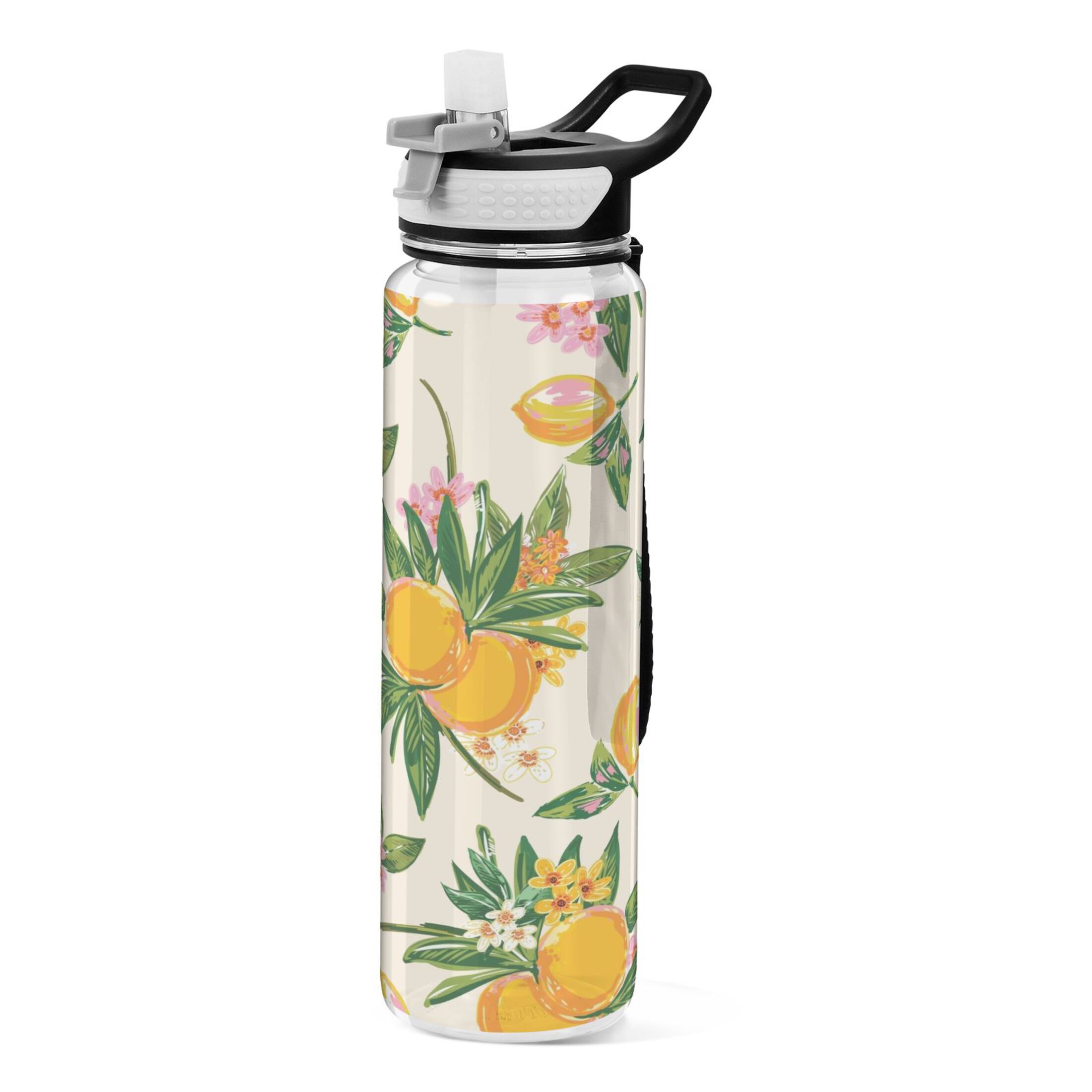 Lemon with Floral Spring 32oz Sports Water Bottles Leakproof Tritan Bottle with Straw BPA Free Clear Bottle for Fitness Gym Outdoor Cycling