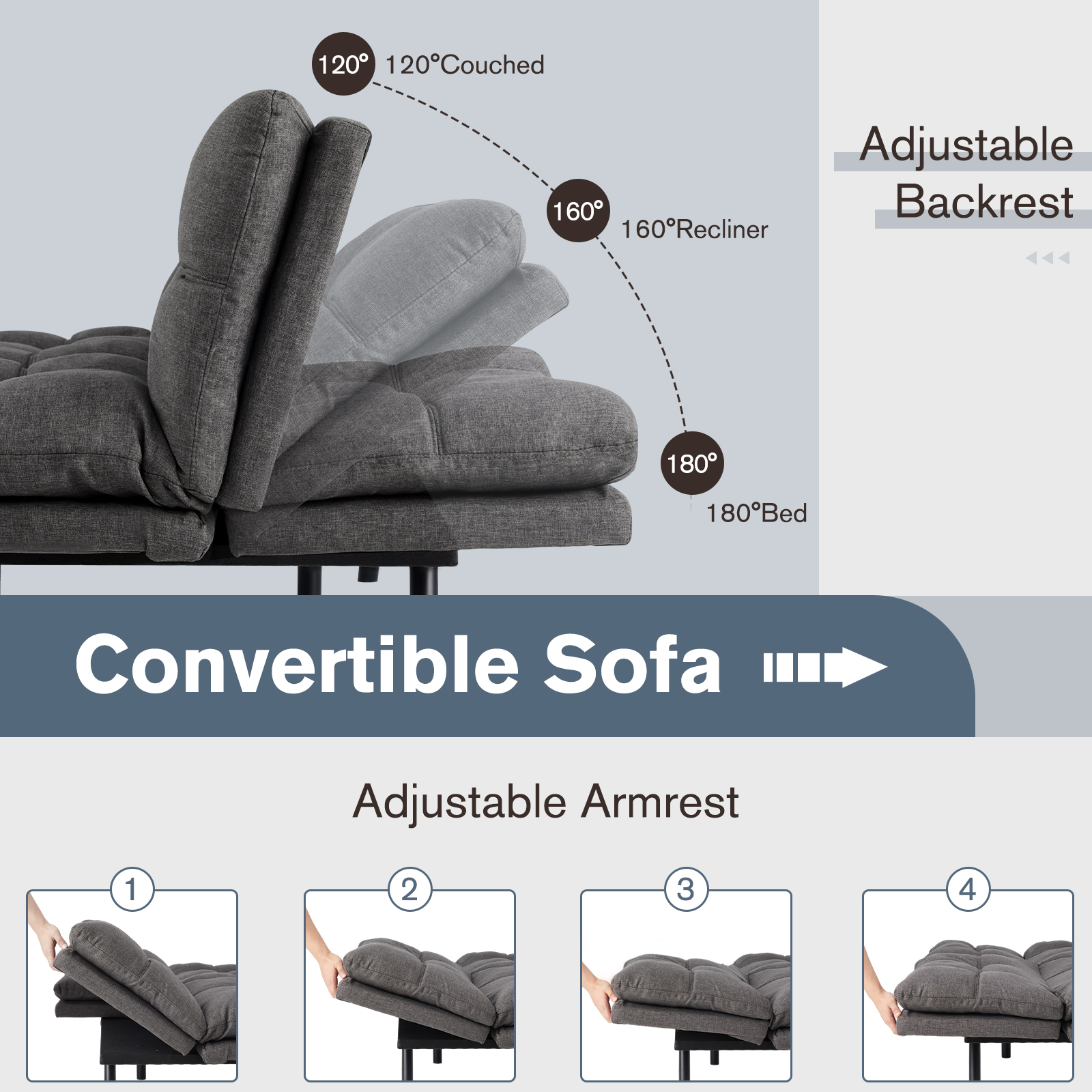 Futon Sofa Bed, Convertible Futon Sofa Memory Foam Double Sofa Bed with Adjustable Backrest and Armrests for Apartments, Dorms, Guest Rooms and Offices, Gray