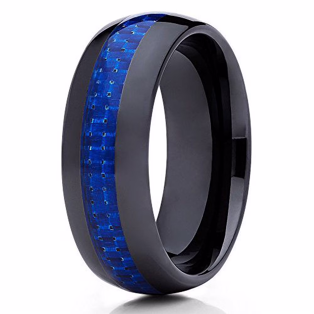 Ceramic Wedding Band Blue Carbon Fiber Ceramic Wedding Ring 8mm Ring Men Women Dome Comfort Fit