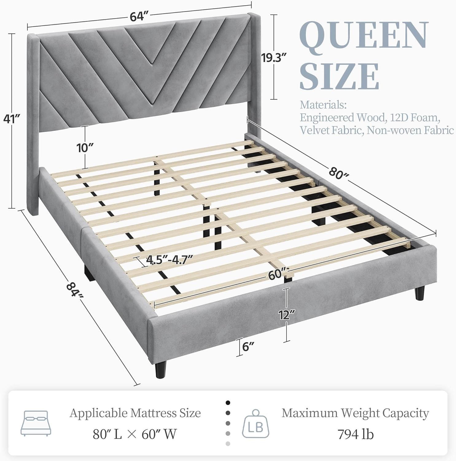 Queen Bed Frame Upholstered Platform Bed with Wing Side/Wooden Slat Support/Tufted Headboard with Wing Side/Mattress Foundation/No Box Spring Needed,Light Gray Queen Bed