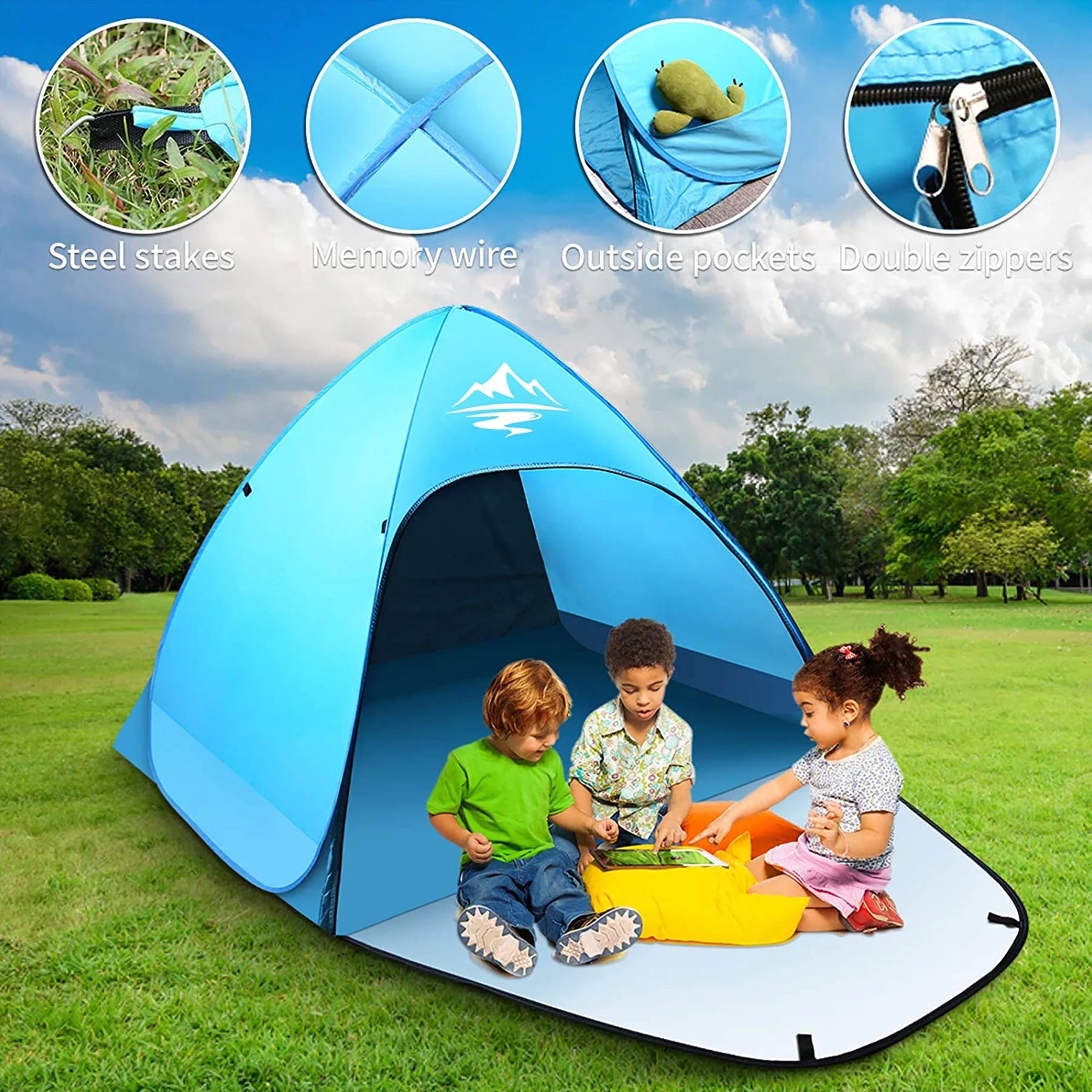 Pop Up Beach Tent UPF 50 Sun Shelter 2-3 Person Automatic Waterproof Fishing Picnic BFULL Camping Tent W/ Carry Bag Blue