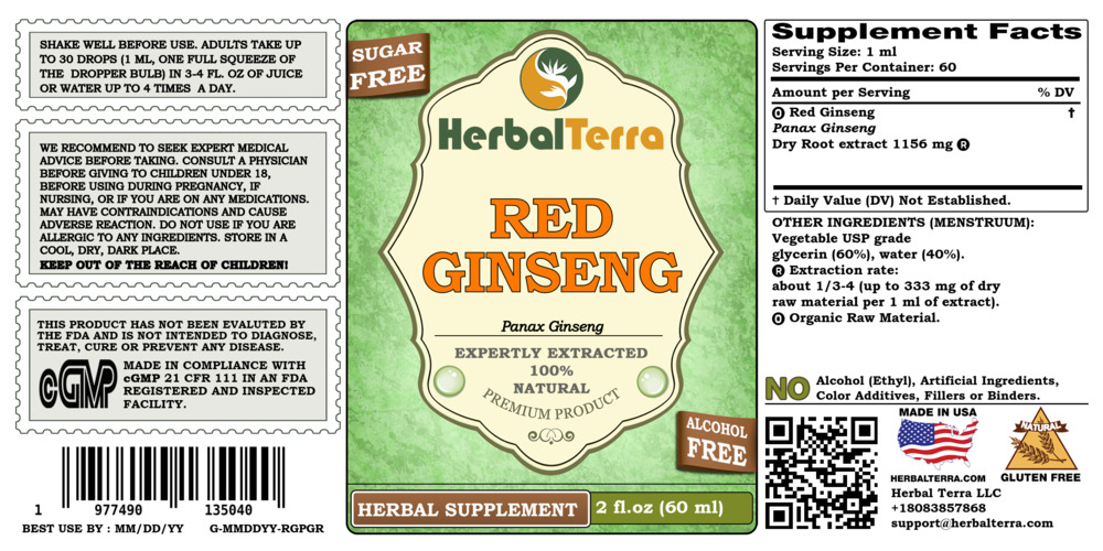 Red Ginseng Dry Root KETO Friendly Alcohol-Free Absolutely Natural Expertly Extracted by Trusted HerbalTerra Brand Liquid Extract. Proudly made in USA. Glycerite 2 Fl.Oz