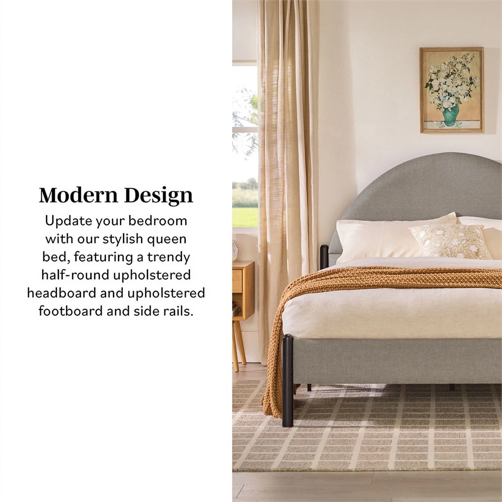 Pemberly Row Upholstered Metal Queen Bed with Arched Headboard in Gray