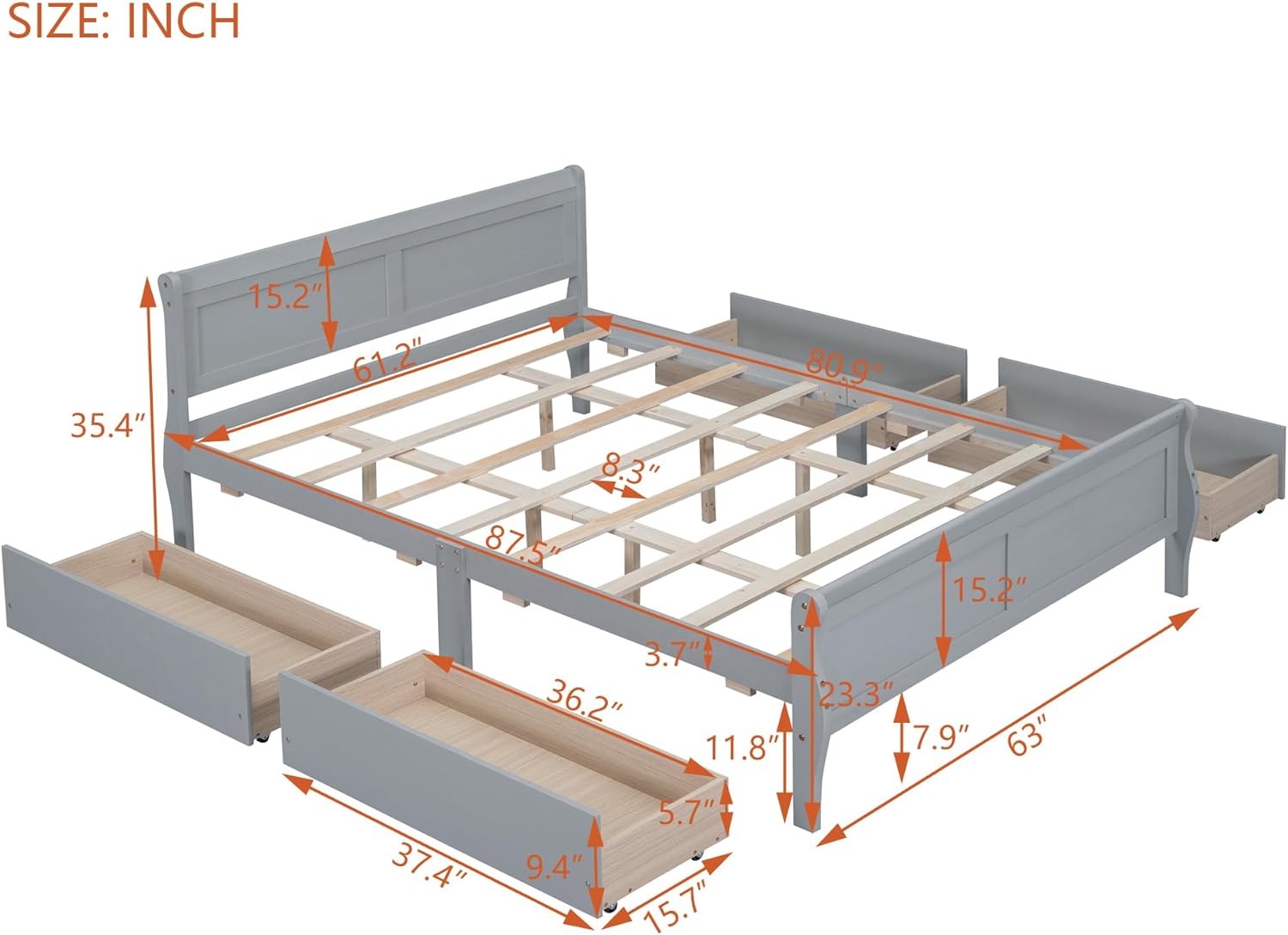 Wood Platform Bed, Quee Size Platform Bed With 4 Storage Drawers, Platform Bed With Head Ad Footboard, Grey