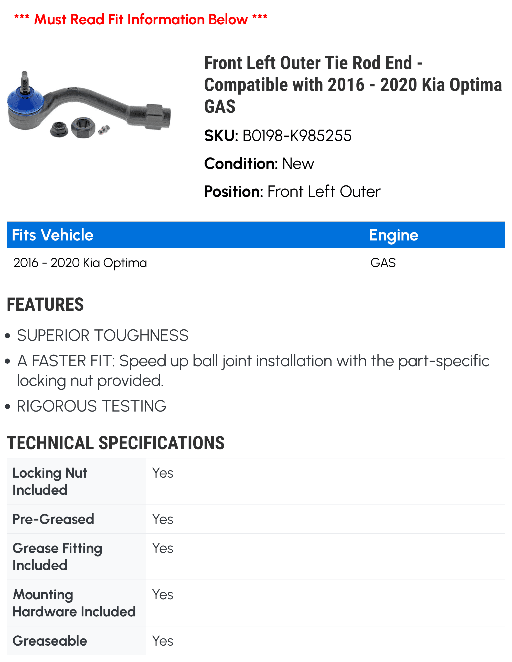 Front Left Outer Tie Rod End - Compatible with 2016 - 2020 Kia Optima GAS 2017 2018 2019
