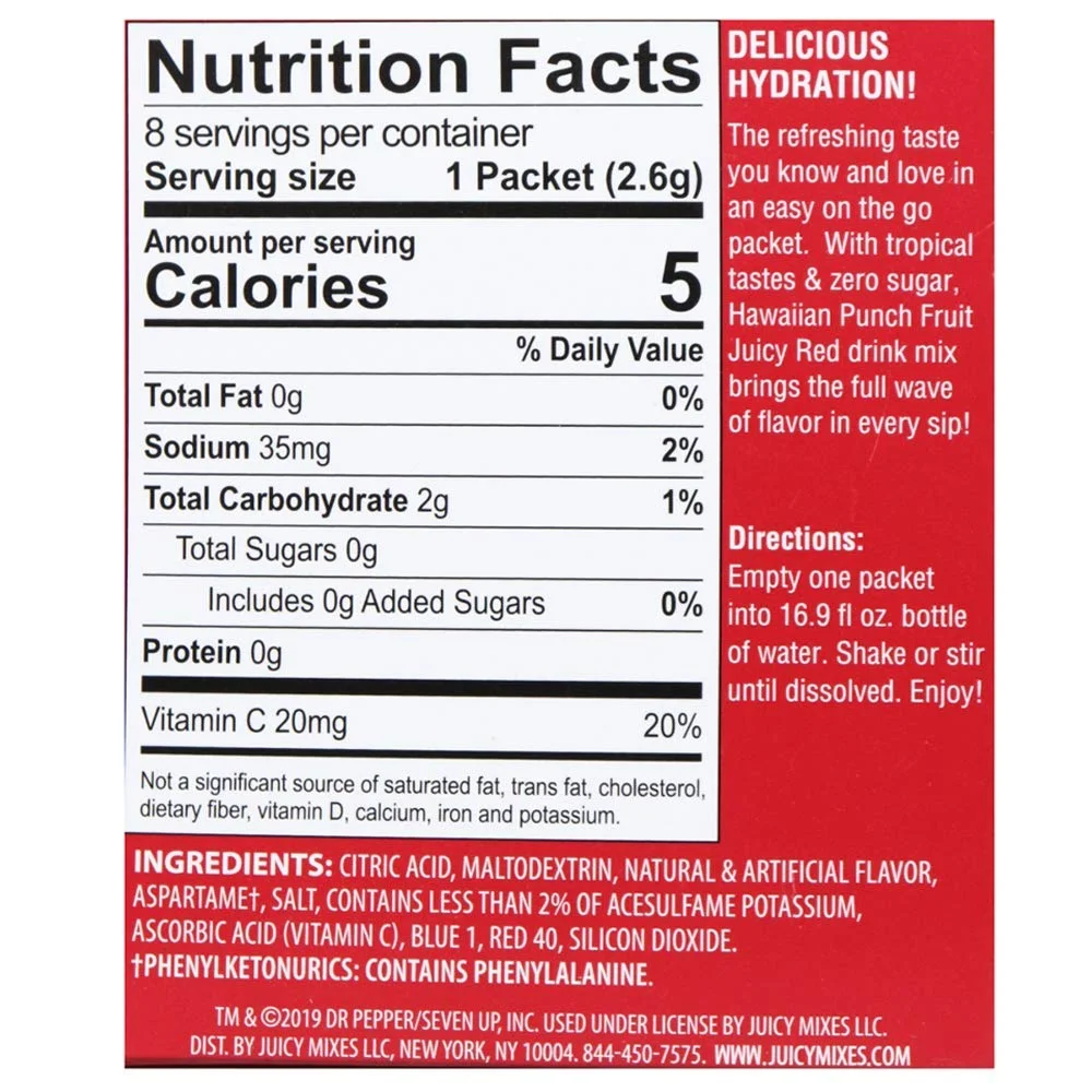 Hawaiian Punch Singles To Go Powder Sticks, Water Drink Mix, 8 Count (Fruit Juicy Red, Pack - 6)