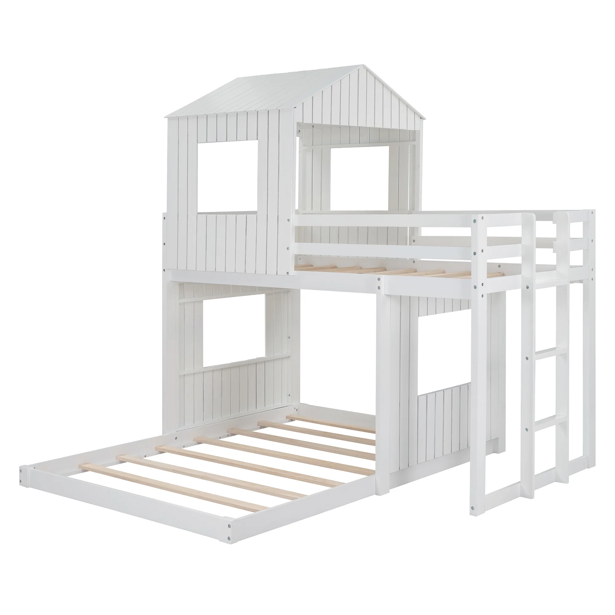 White Wooden Twin Over Full Bunk Bed with Playhouse, Farmhouse, Ladder and Guardrails