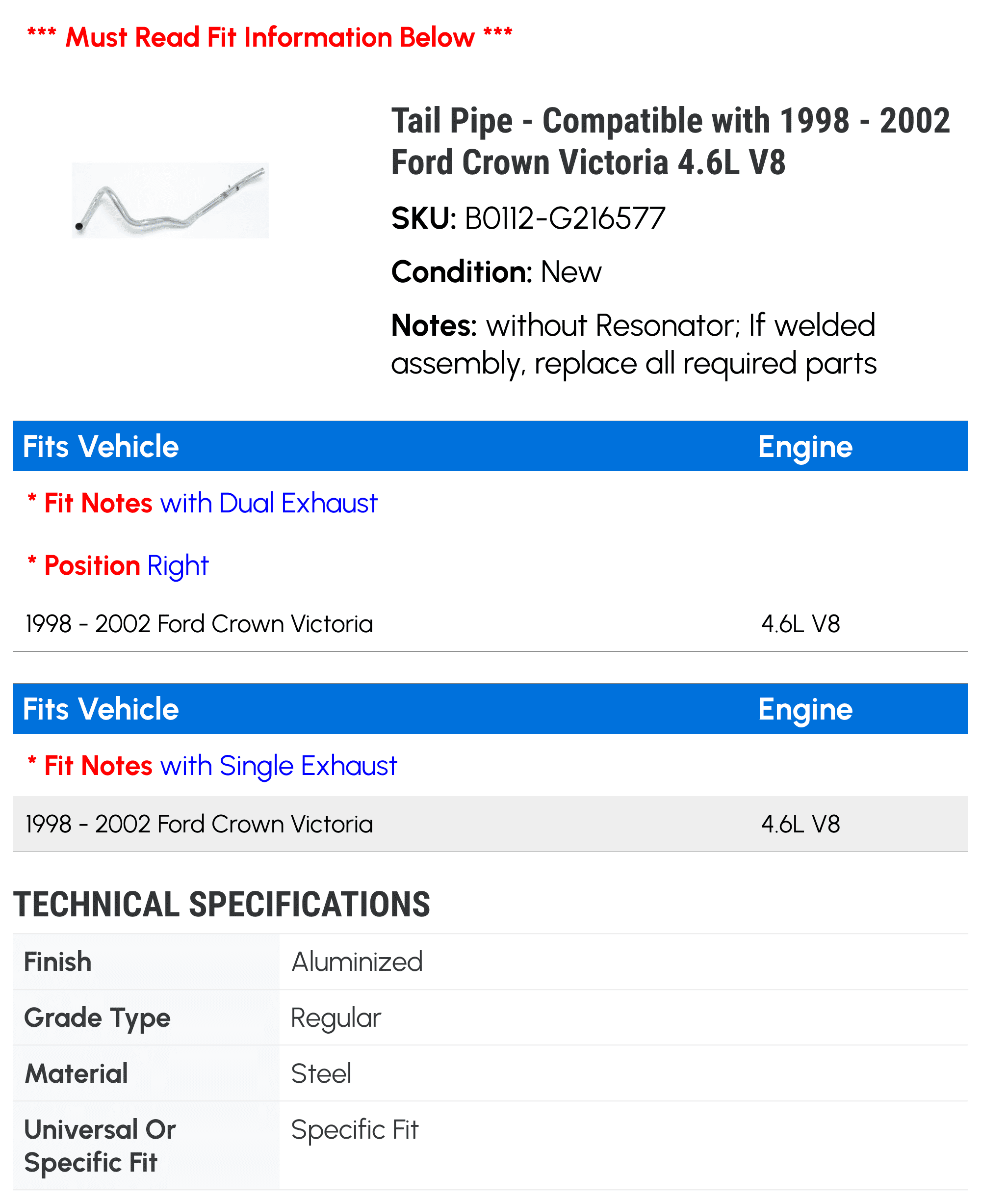 Tail Line - Compatible with 1998 - 2002 Ford Crown Victoria 4.6L V8 1999 2000 2001