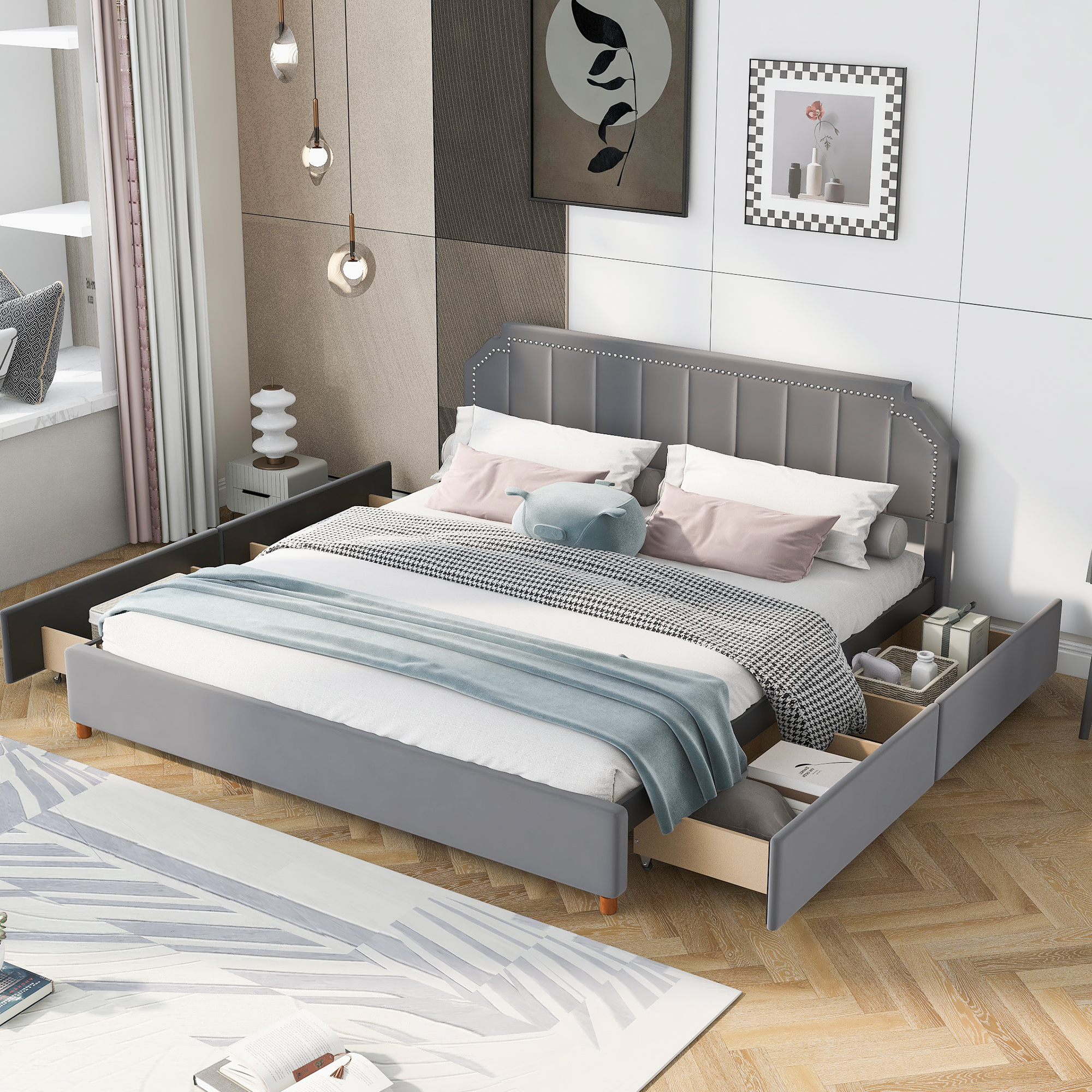 EUROCO King Size Upholstery Platform Bed with Four Storage Drawers, Gray