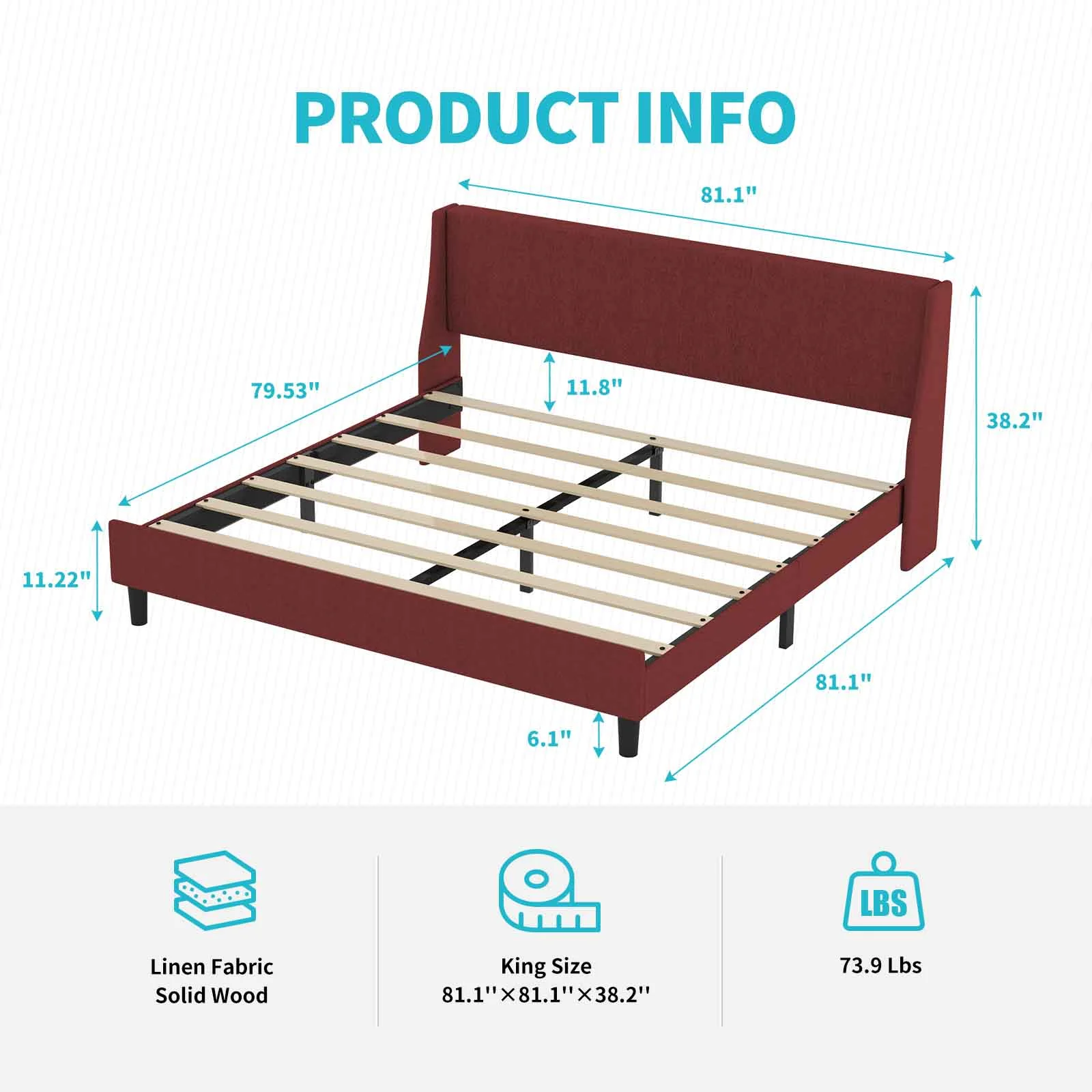 CECER King Size Bed Frame, Modern Bed Frame with Upholstered Headboard & Broad Wingback Wooden Slat Support, No Box Spring Needed - Burgundy Red