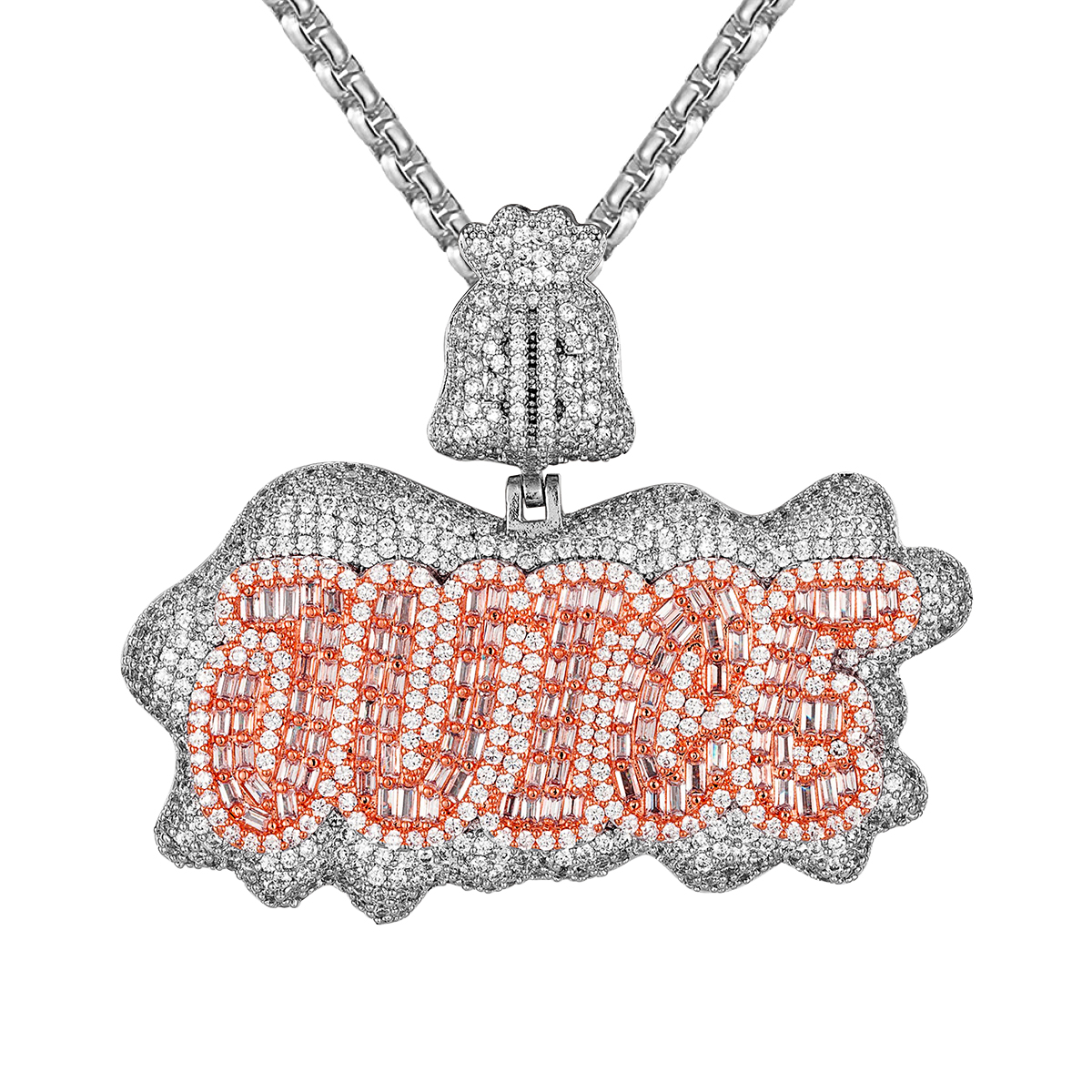 Sterling Silver Mens JUICE Money Dollar Bag Icy Custom Hip Hop Pendant Rose Gold Two Tone Free Box Chain