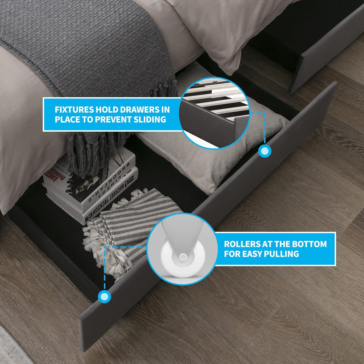 Puremind Queen Platform Bed Frames with 4 Storage Drawers, Velvet Upholstered Bed Frame Has Adjustable Button Tufted Headboard, No Box Spring Needed/Easy Assembly/No Mattress (Dark Grey)