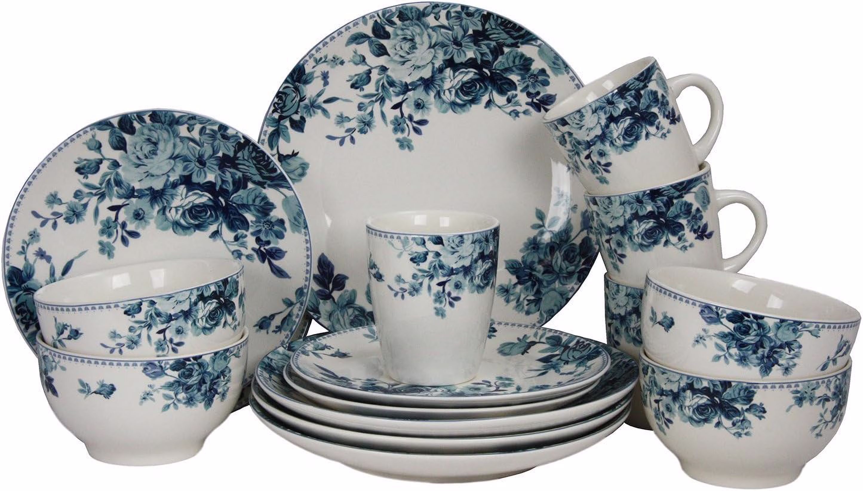16 Piece Traditional Rose Dinnerware Set, Blue