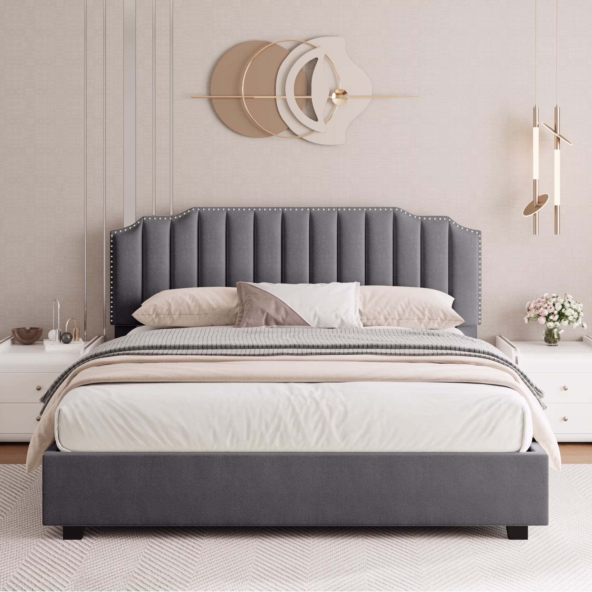 Queen-Size Grey Velvet Bed with Lift-Up Storage Feature - Luxurious & Space-Efficient