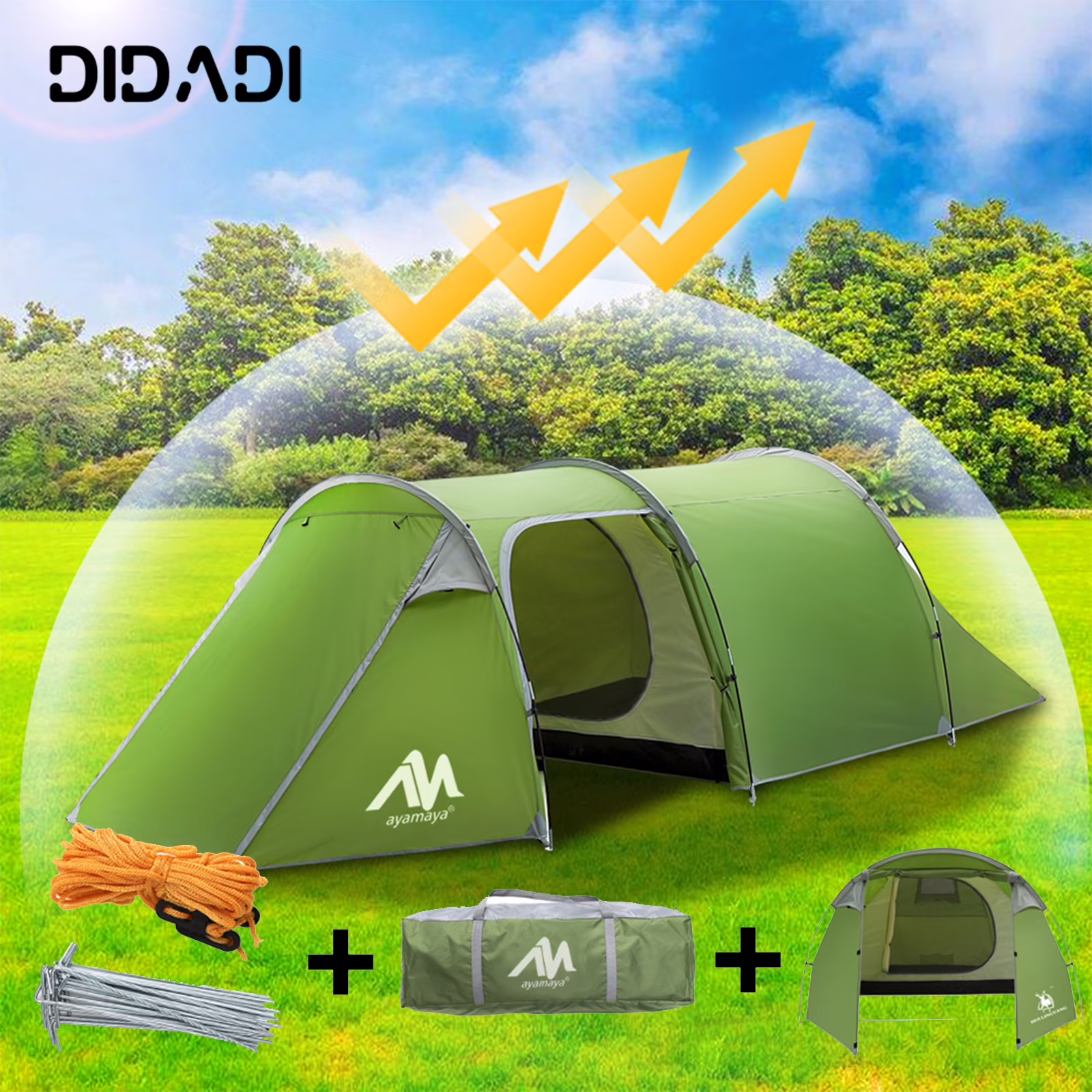 DIDADI 3 Person Easy Pop Up & Set Up Camping Tent,Waterproof Automatic Tunnel Tent,Setup 2 Doors Family Hiking Tent ,Detachable Bedroom & Vestibule Survival Tents for Camping Hiking & Traveling