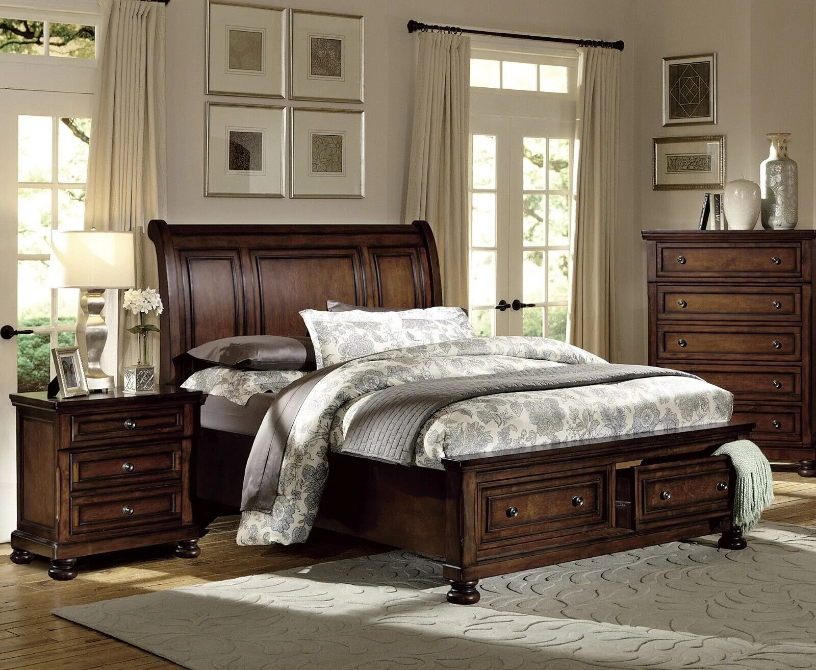 Brown Cherry Finish 3pc Bedroom Set Platform King Bed Storage Nightstands Traditional Style Wooden Furniture
