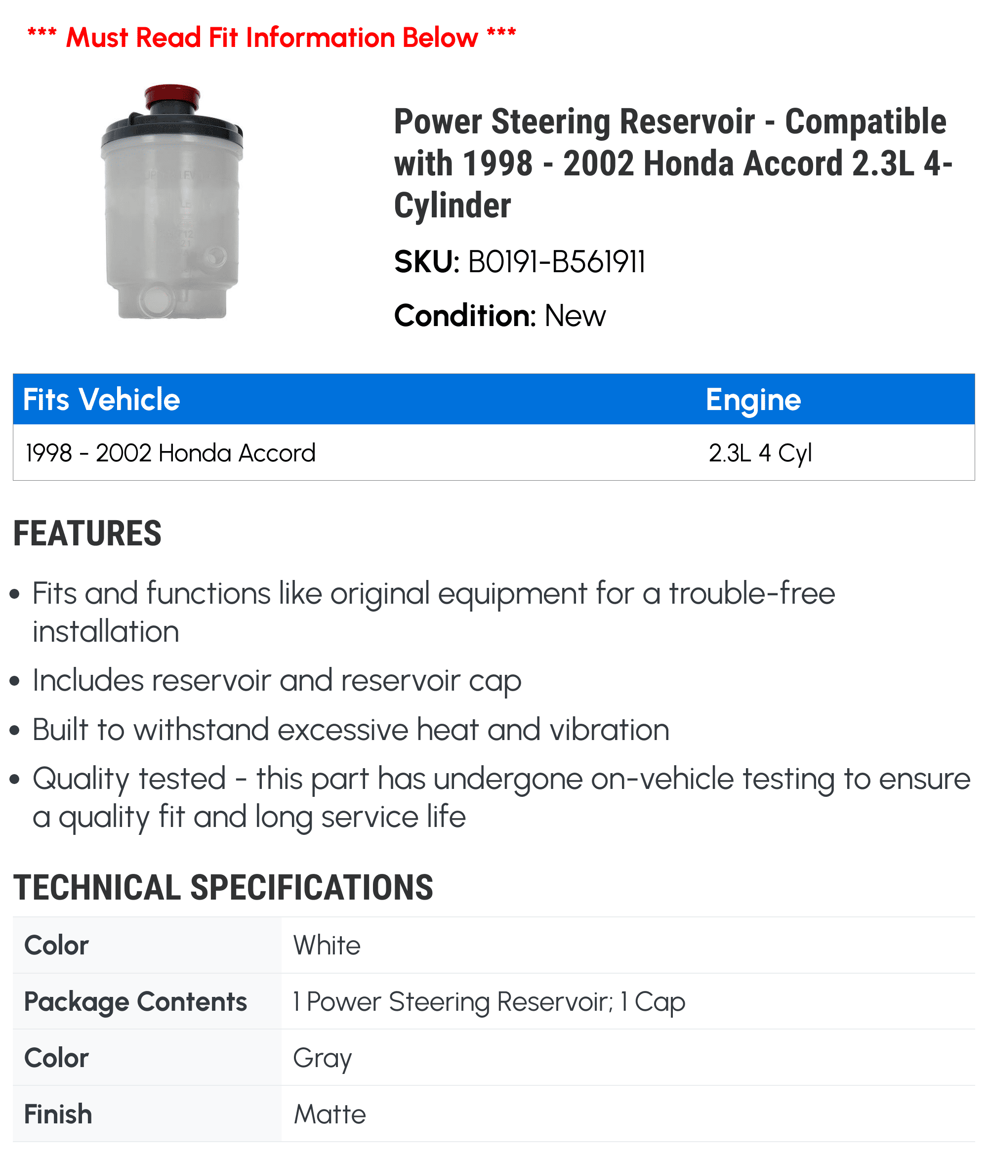 Power Steering Reservoir - Compatible with 1998 - 2002 Honda Accord 2.3L 4-Cylinder 1999 2000 2001