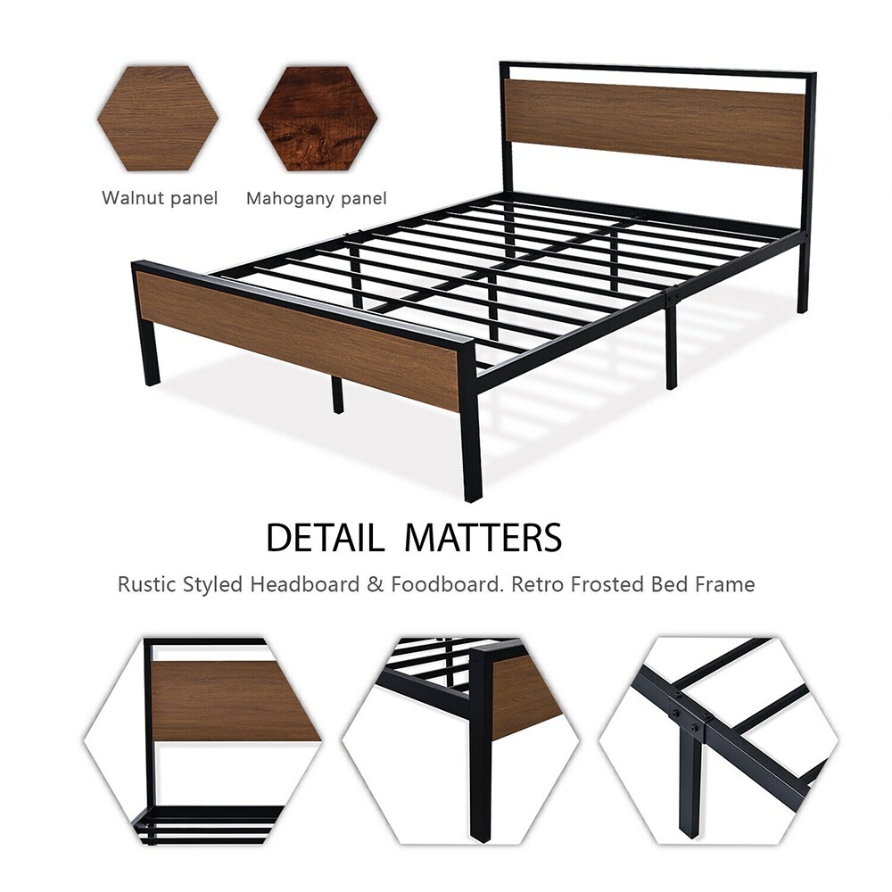 Full Metal Platform Bed Frame with Wooden Headboard Footboard, Walnut