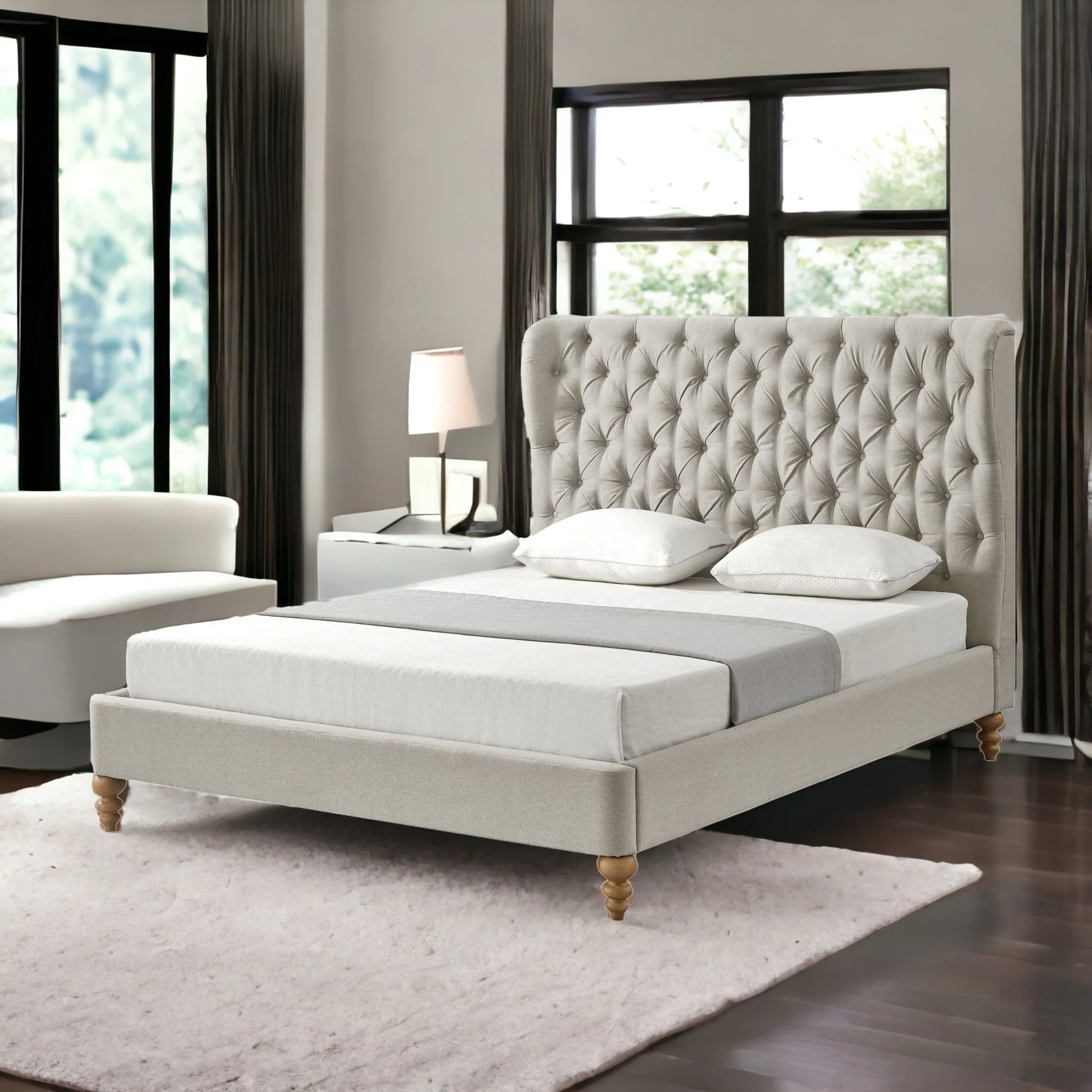 Cream Solid Wood Twin Tufted Upholstered Linen Bed