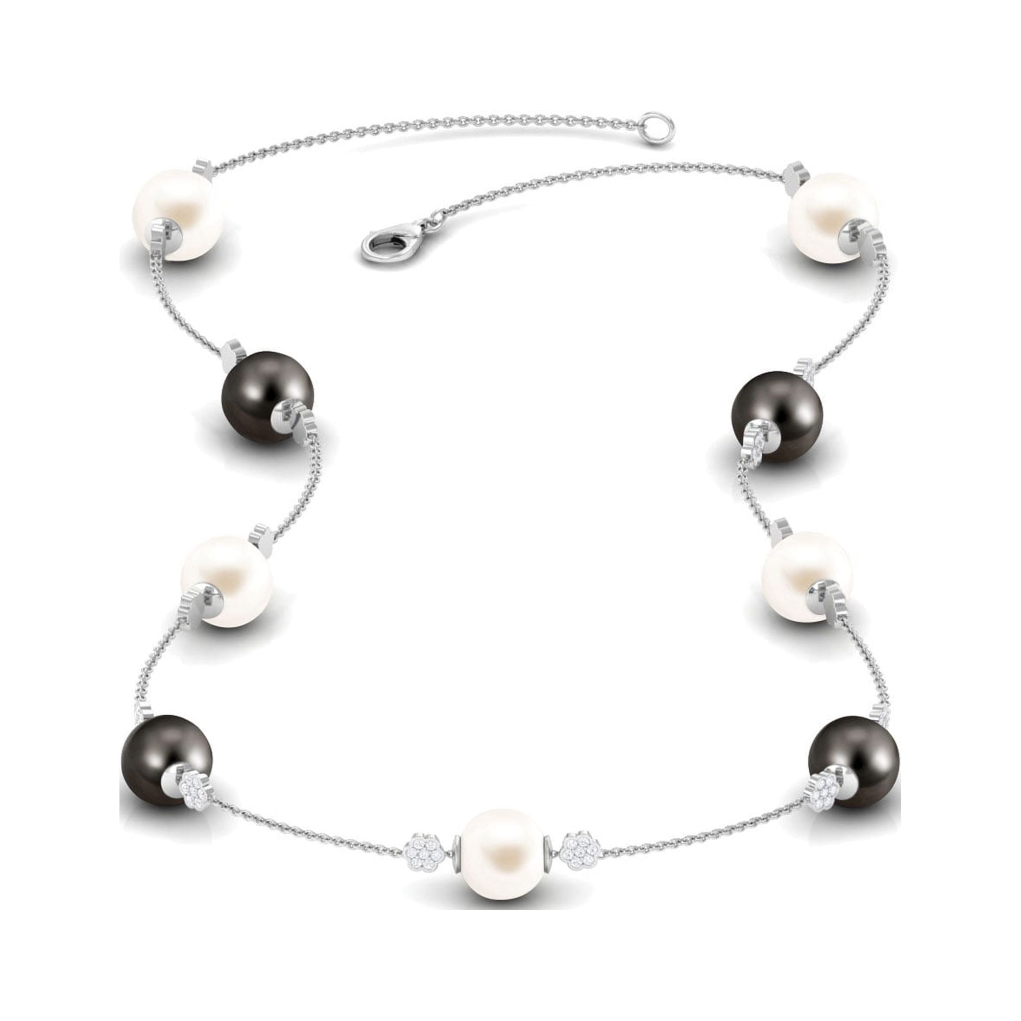 Black and White Pearl Chain Necklace with Moissanite, Nature Inspired Station Chain, 10K White Gold
