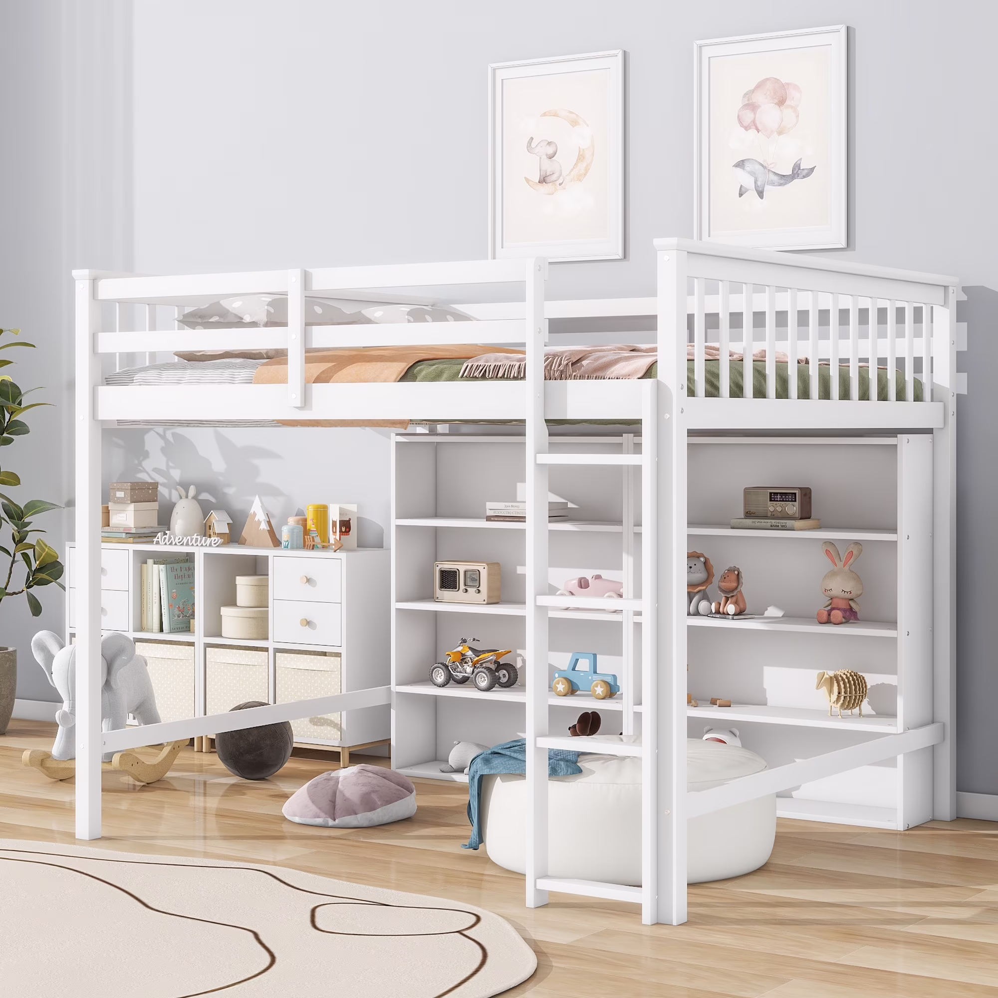 CoSoTower Full Size Loft Bed with 8 Open Storage Shelves and Built-In Ladder, White