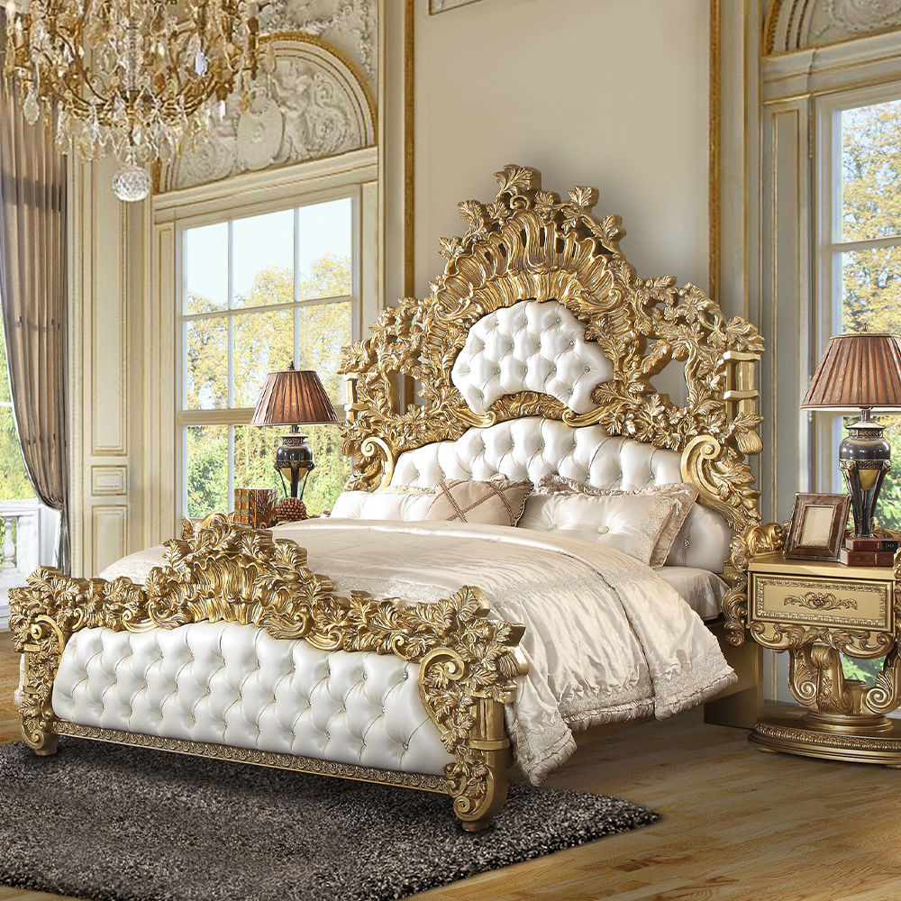 Acme Bernadette EK BED White Synthetic Leather Fabric & Gold Finish