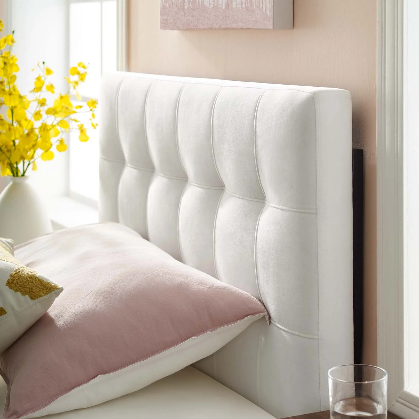 Contemporary Modern Urban Designer Bedroom Twin Size Tufted Headboard, Velvet Fabric, White