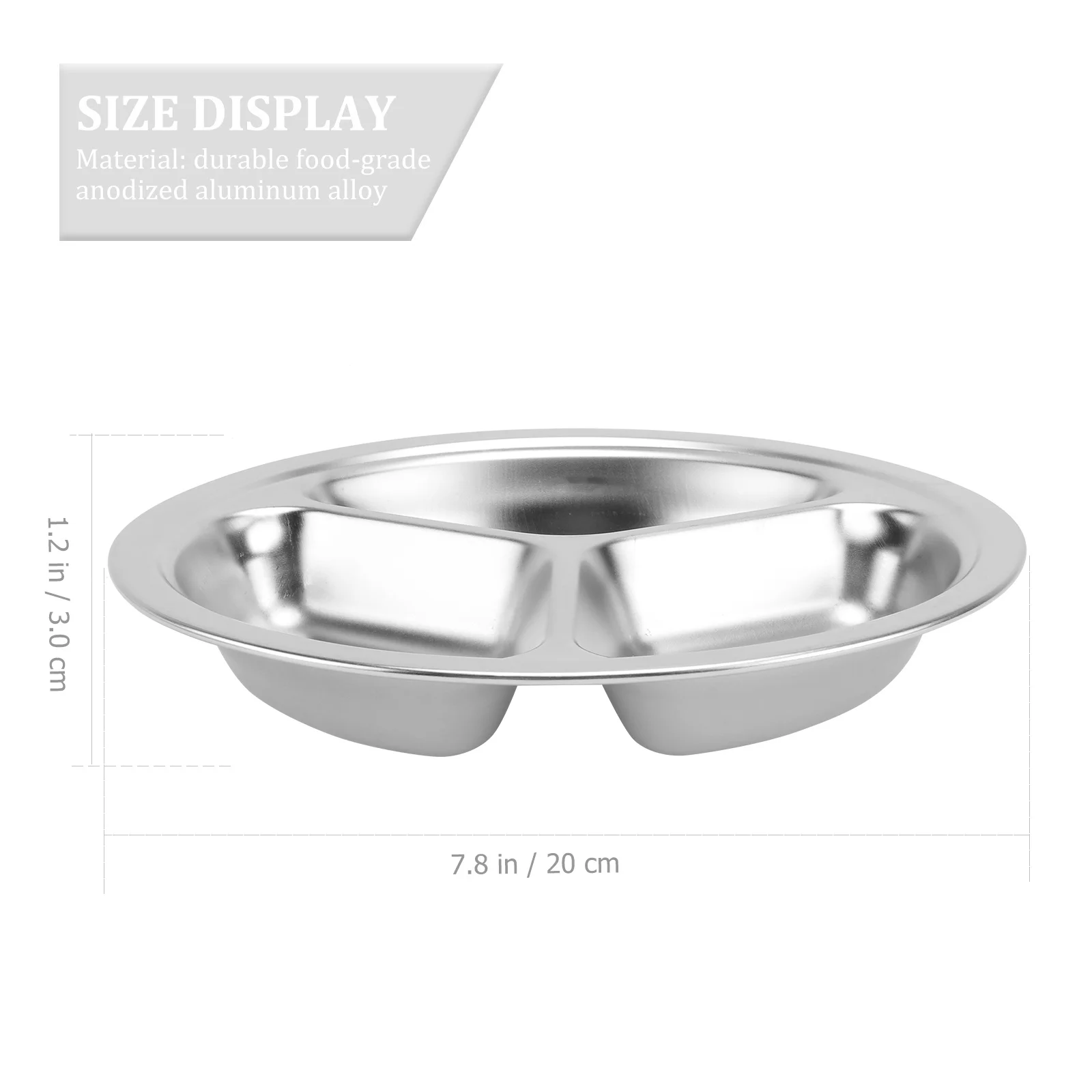 3Pcs Round Stainless Steel Dinner Tray Separation Plates Fast Food Plate Rice Dishes Silver (20cm, 3 Grids)