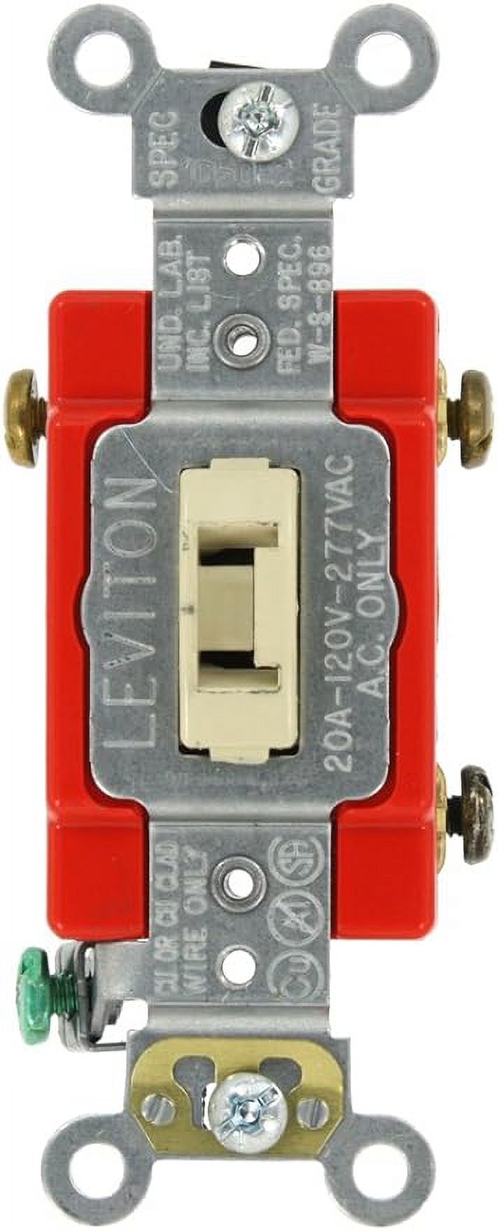 Leviton 1223-2IL 20-Amp, 120/277-Volt, Toggle Locking 3-Way AC Quiet Switch, Extra Heavy Duty Grade, Self Grounding, Back and Side Wired, Ivory