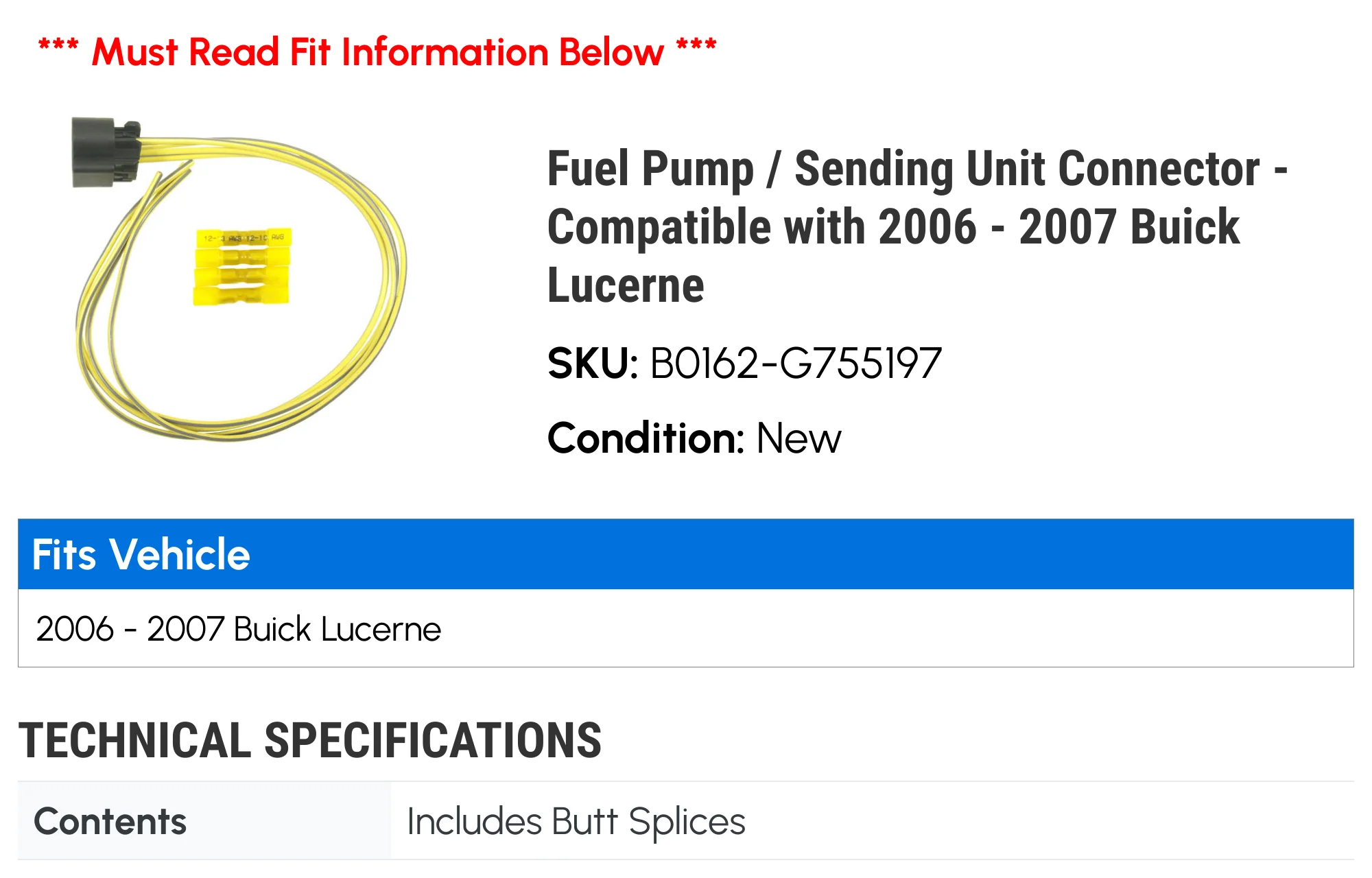 Fuel Pump / Sending Unit Connector - Compatible with 2006 - 2007 Buick Lucerne