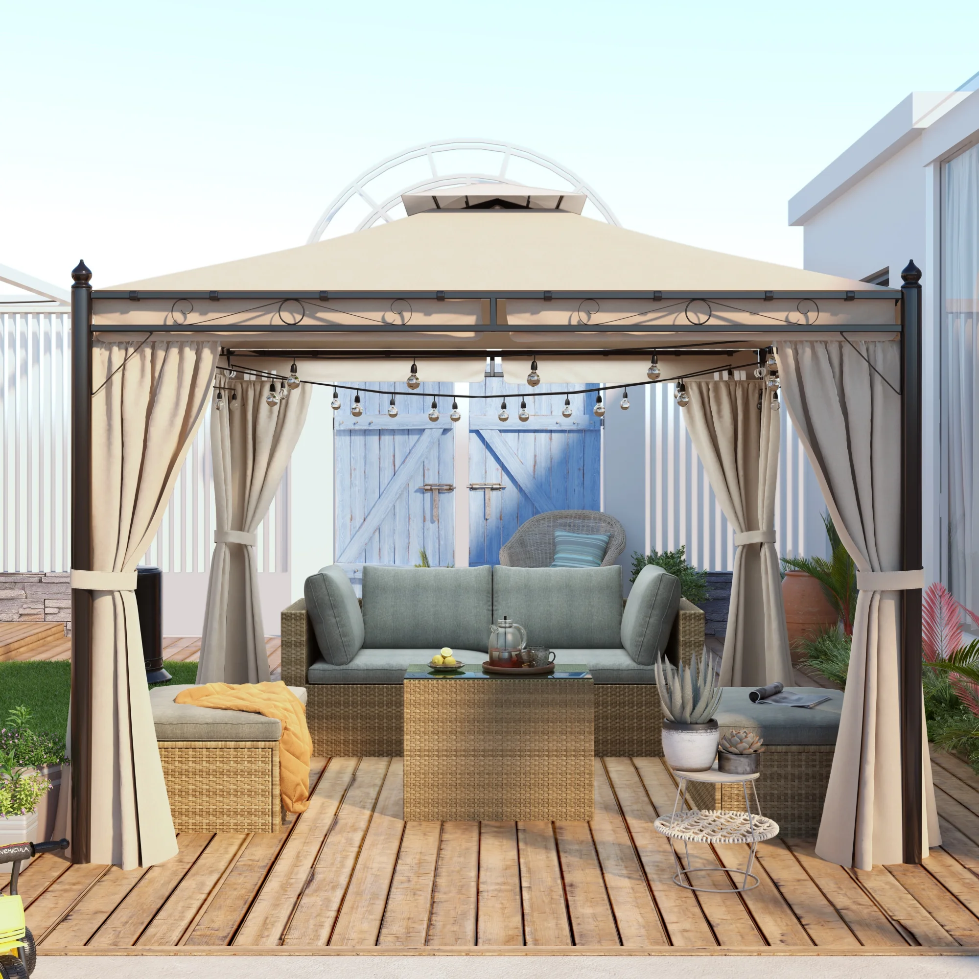 9.7 x 9.7 ft Canopy Tent, Outdoor Gazebo with Double Roof and Mosquito Netting, Patio Gazebo for Shade and Rain, Soft Top Metal Frame Gazebo for Lawn, Backyard, Poolside, Deck, Beige, D8171