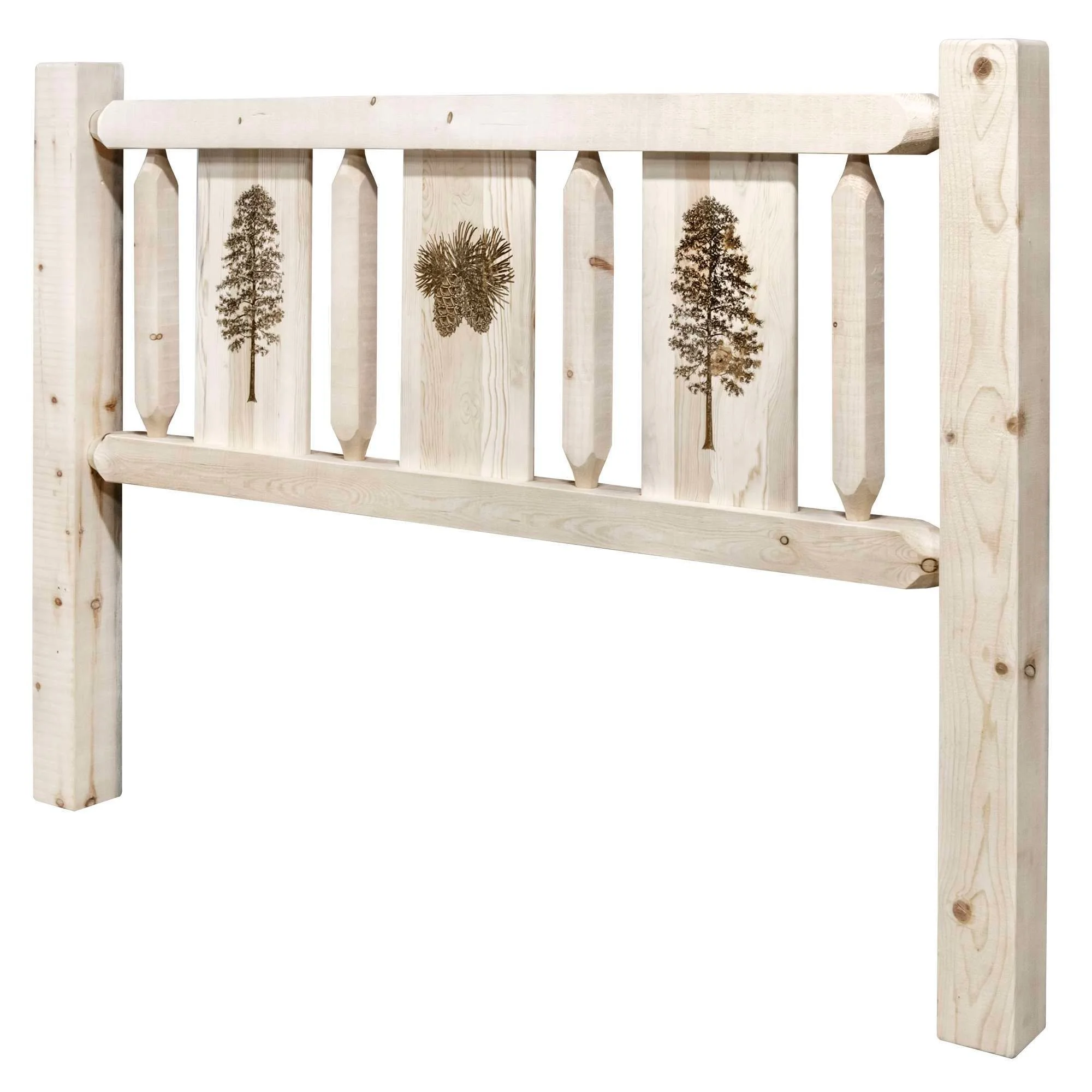 Homestead Collection Queen Headboard w/ Laser Engraved Pine Design, Clear Lacquer Finish