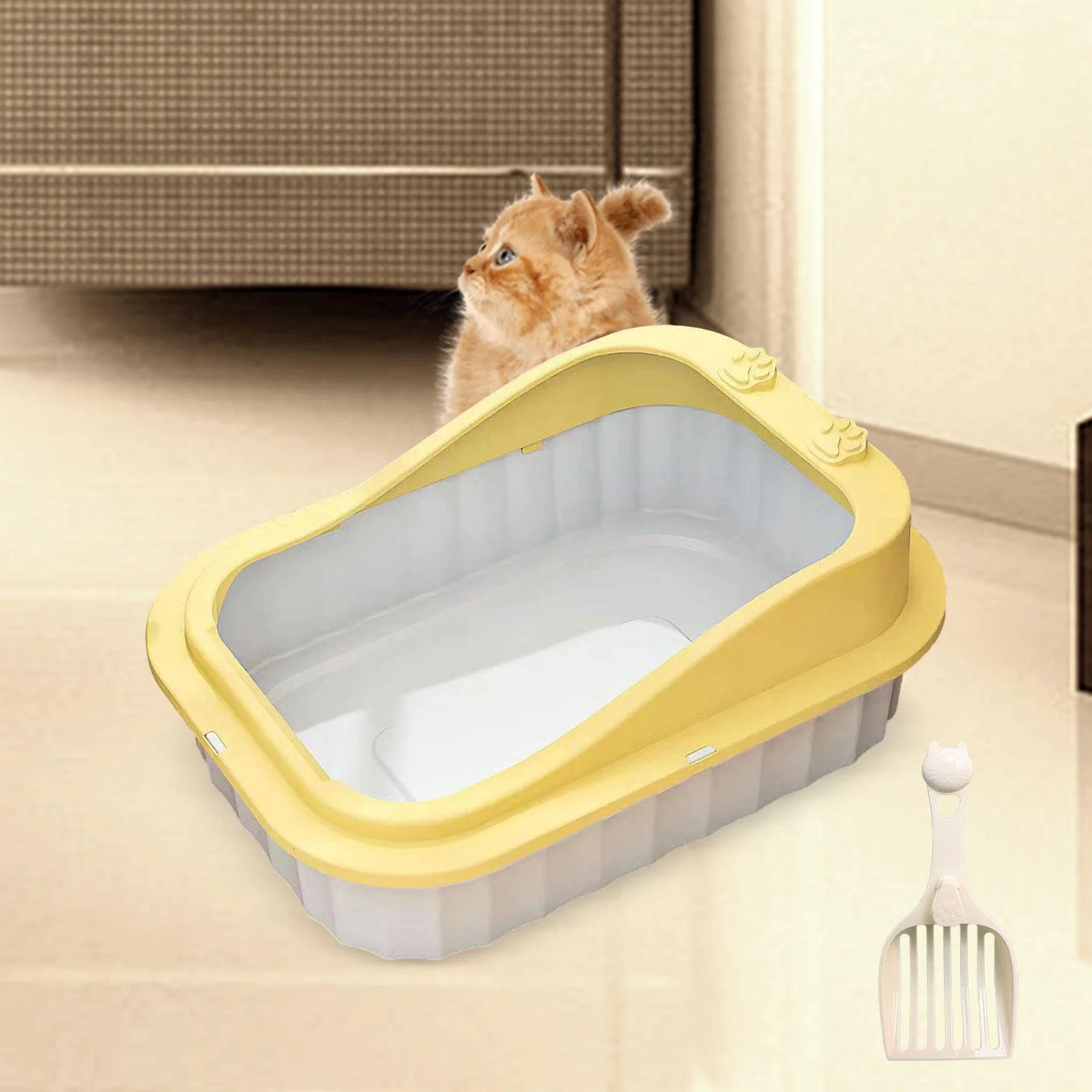 Toysmith Cat Kitty Litter Pan Durable Cat Litter Basin Cat Sand Box Splashproof Cartoon Appearance 50x36x19cm Kitten Toilet yellow