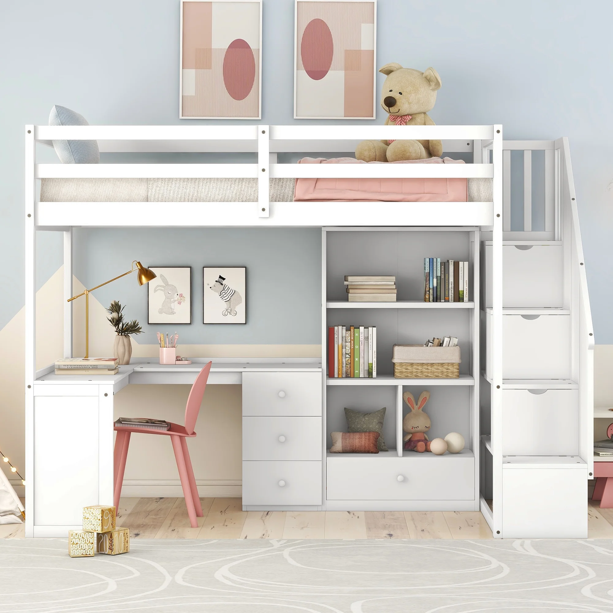Twin Wood Loft Bed with L-Shaped Desk and Drawers, Cabinet and Storage Staircase, Loft Twin Bed with Desk for Teenagers, Multiple Functions Bed, Easy to Assemble (White)