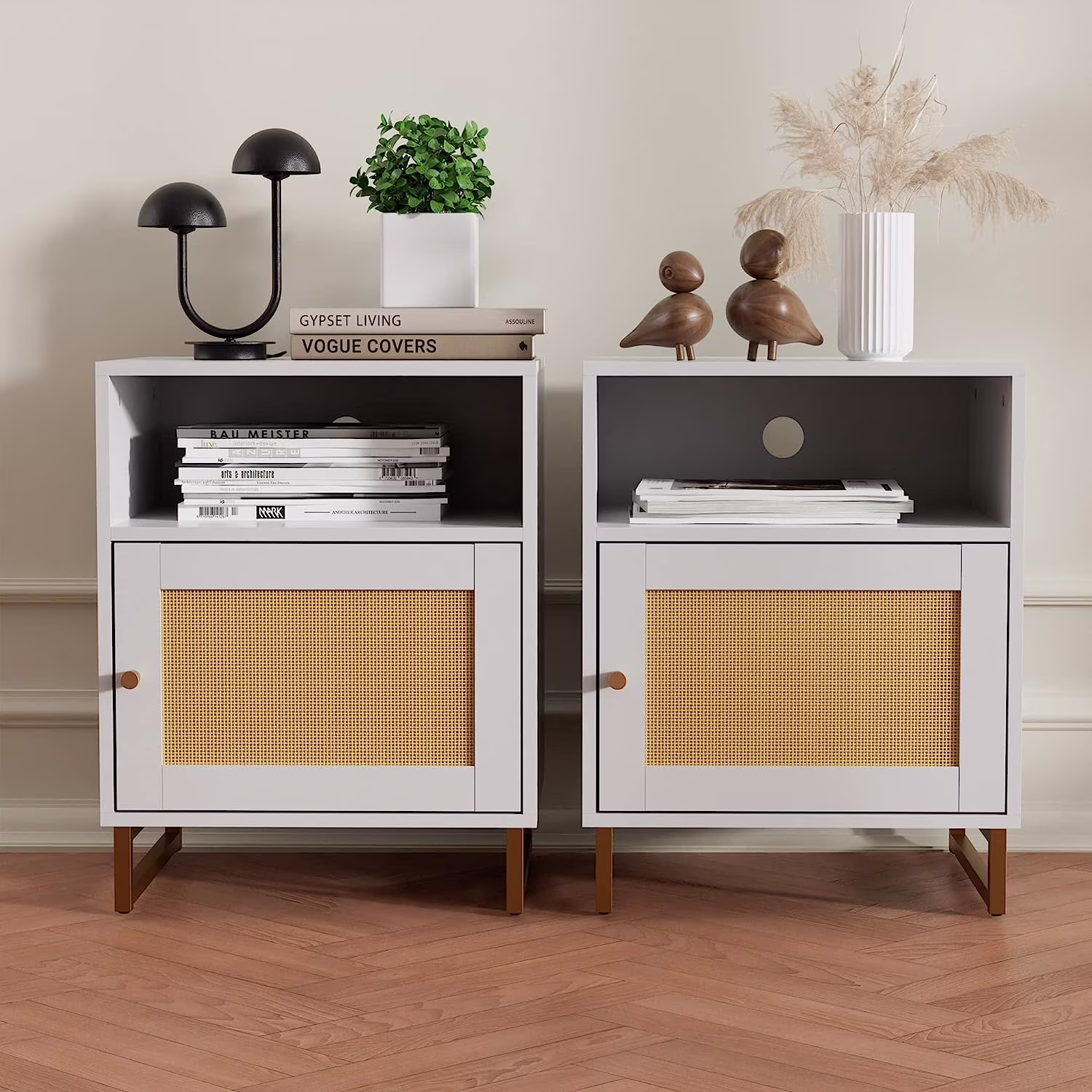 Cozy Castle Rattan Nightstand Set of 2, Nightstands with Door, End Table with Storage, Bed Side Table with Open Space, Modern Nightstand with Golden Frame, Side Table for Bedroom, Living Room, White