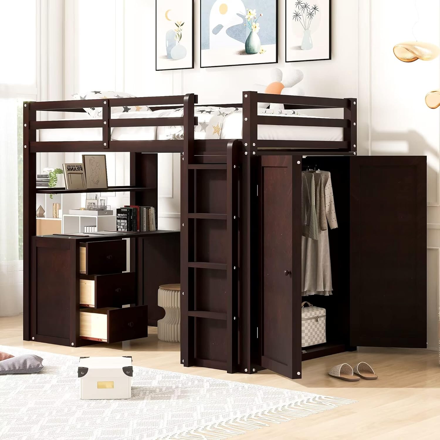 Loft Bed With Desk And Wardrobe, Solid Wood Loft Bed Frame With Storage Drawers, For Kids Teens Adults ( Size, Espresso)